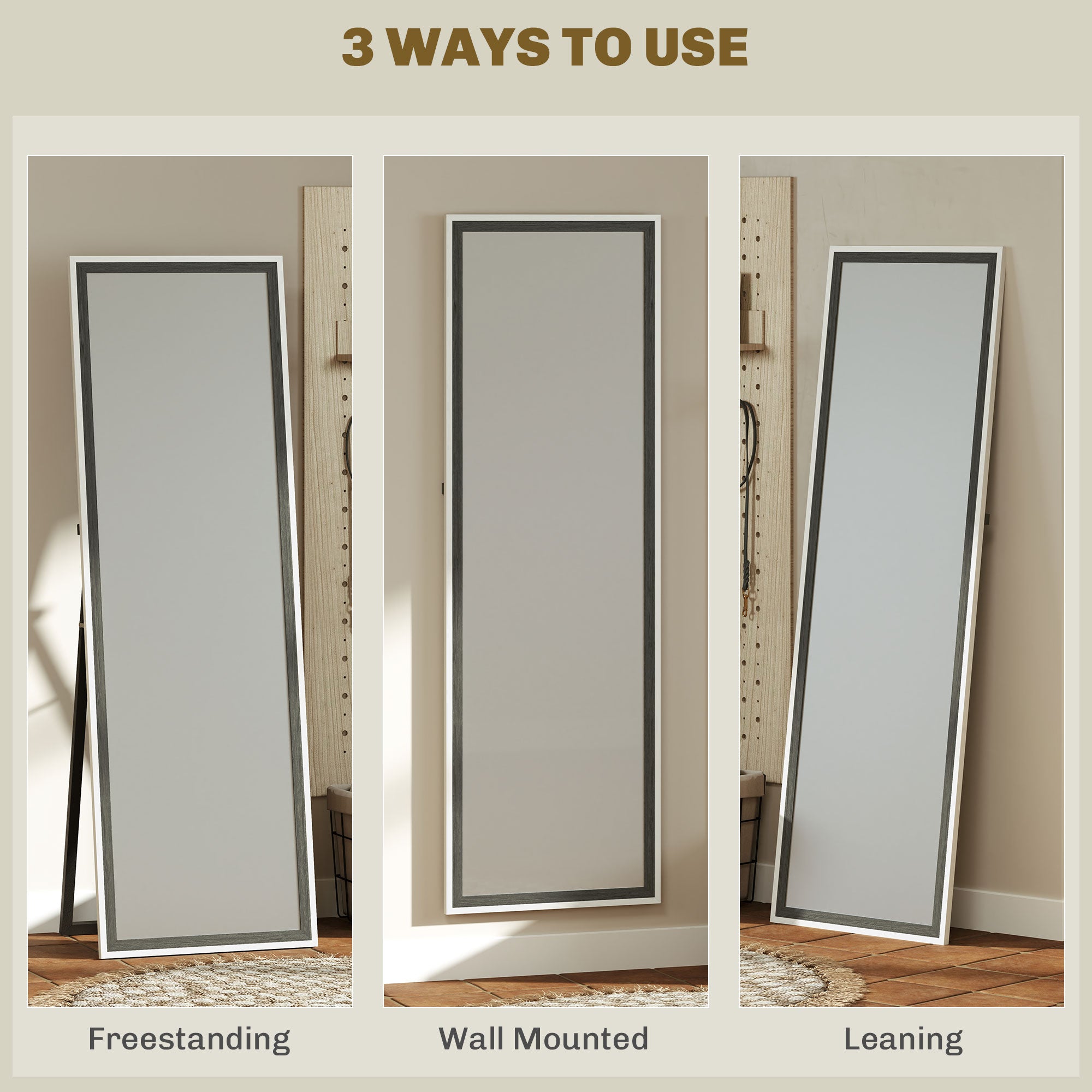 HOMCOM 162.6 cm Two-Tone Full Length Mirror - White/Grey-Tone - North Peak Garden Furniture