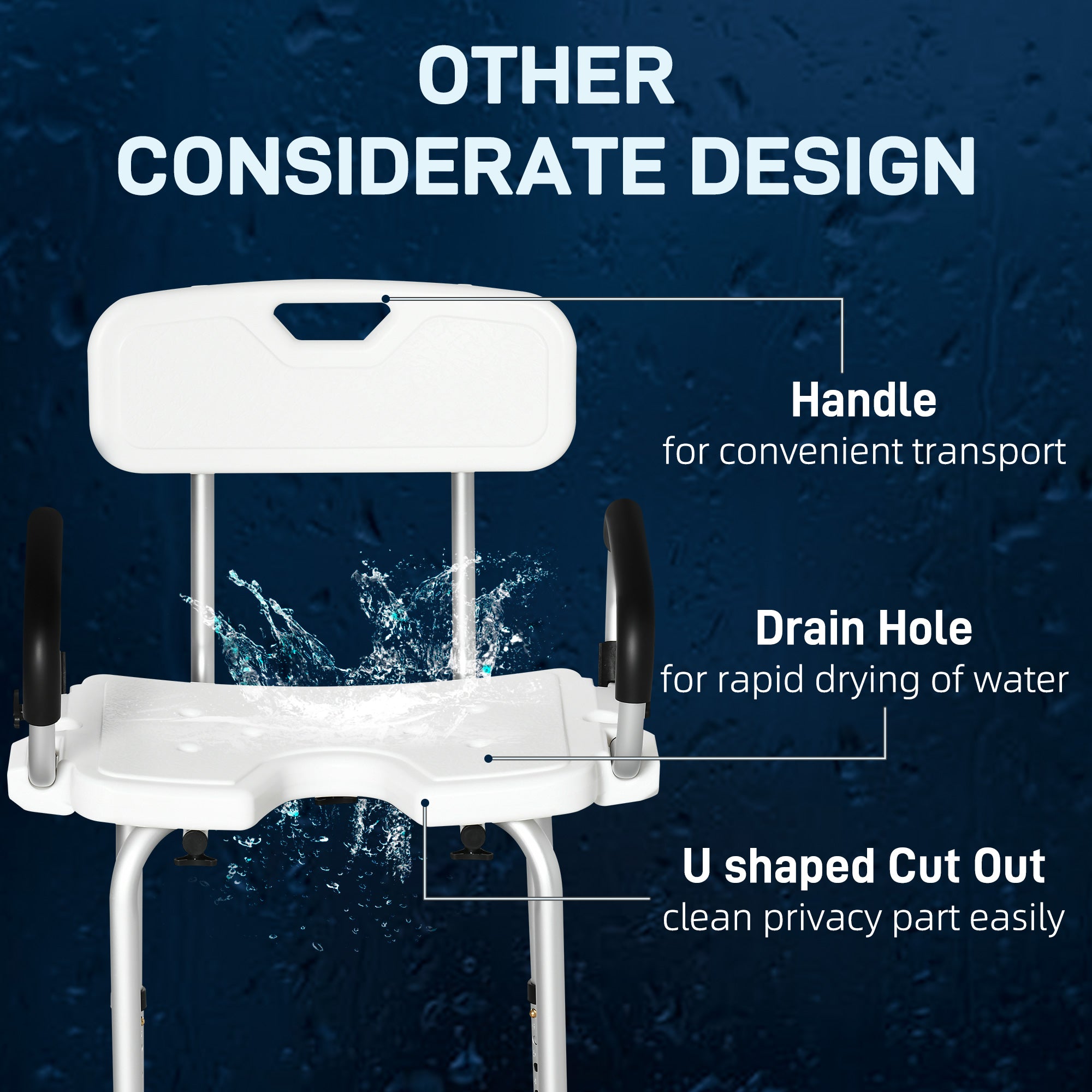 HOMCOM Shower Chair for the Elderly and Disabled, Height Adjustable Shower Stool with Back and Flipped Padded Arms, Suction Foot Pads, White - North Peak Garden Furniture