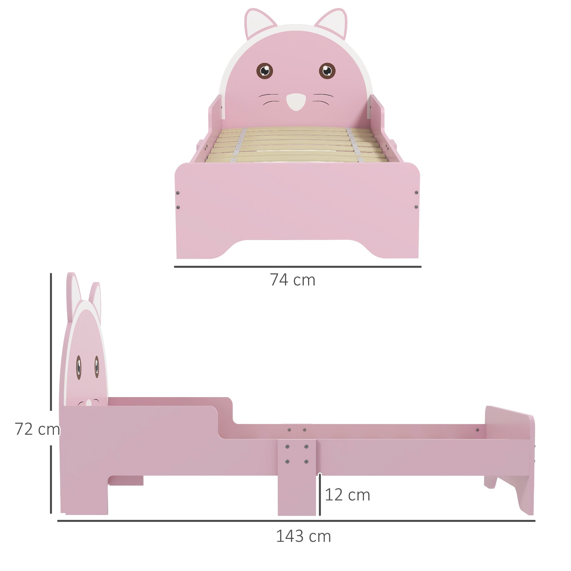 ZONEKIZ Bed for Kids Cat Design Toddler Bed Frame Bedroom Furniture with Guardrails, for 3-6 Years, 143L x 74W x 72Hcm - Pink - North Peak Garden Furniture