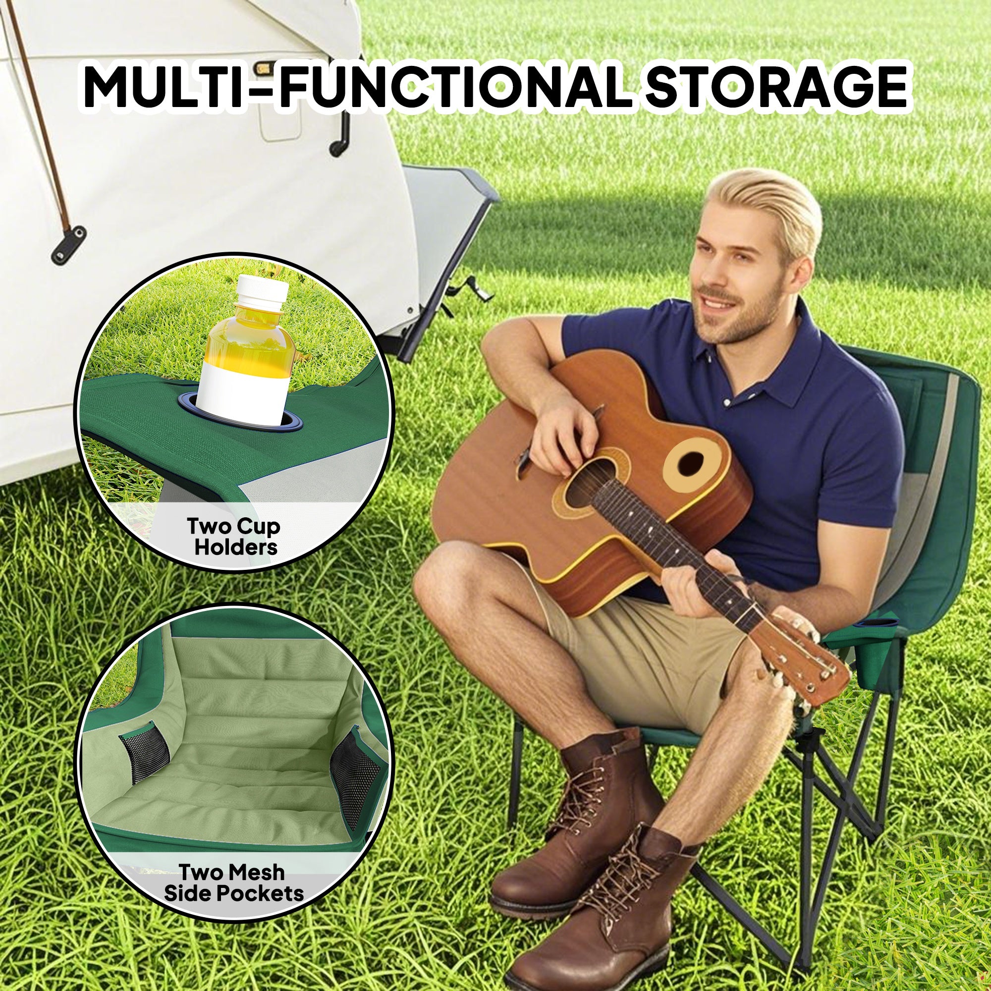 Outsunny Portable Padded Camping Chair, with Bag - Olive Green - North Peak Garden Furniture