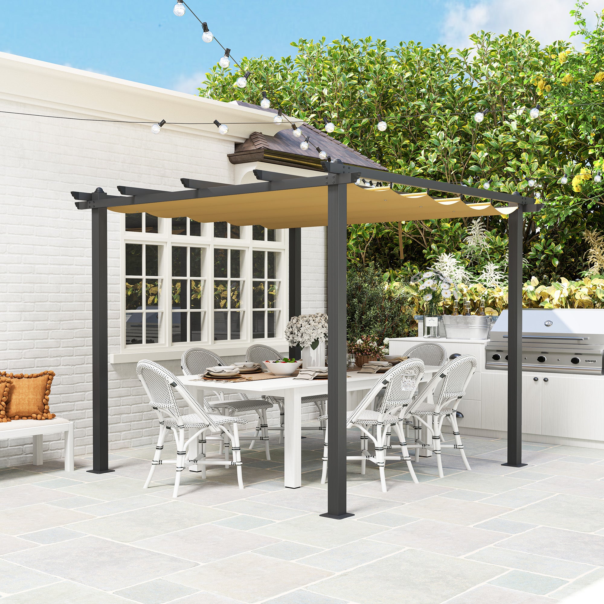 Outsunny 3 x 3m Aluminium Pergola, with Retractable Roof - Khaki - North Peak Garden Furniture