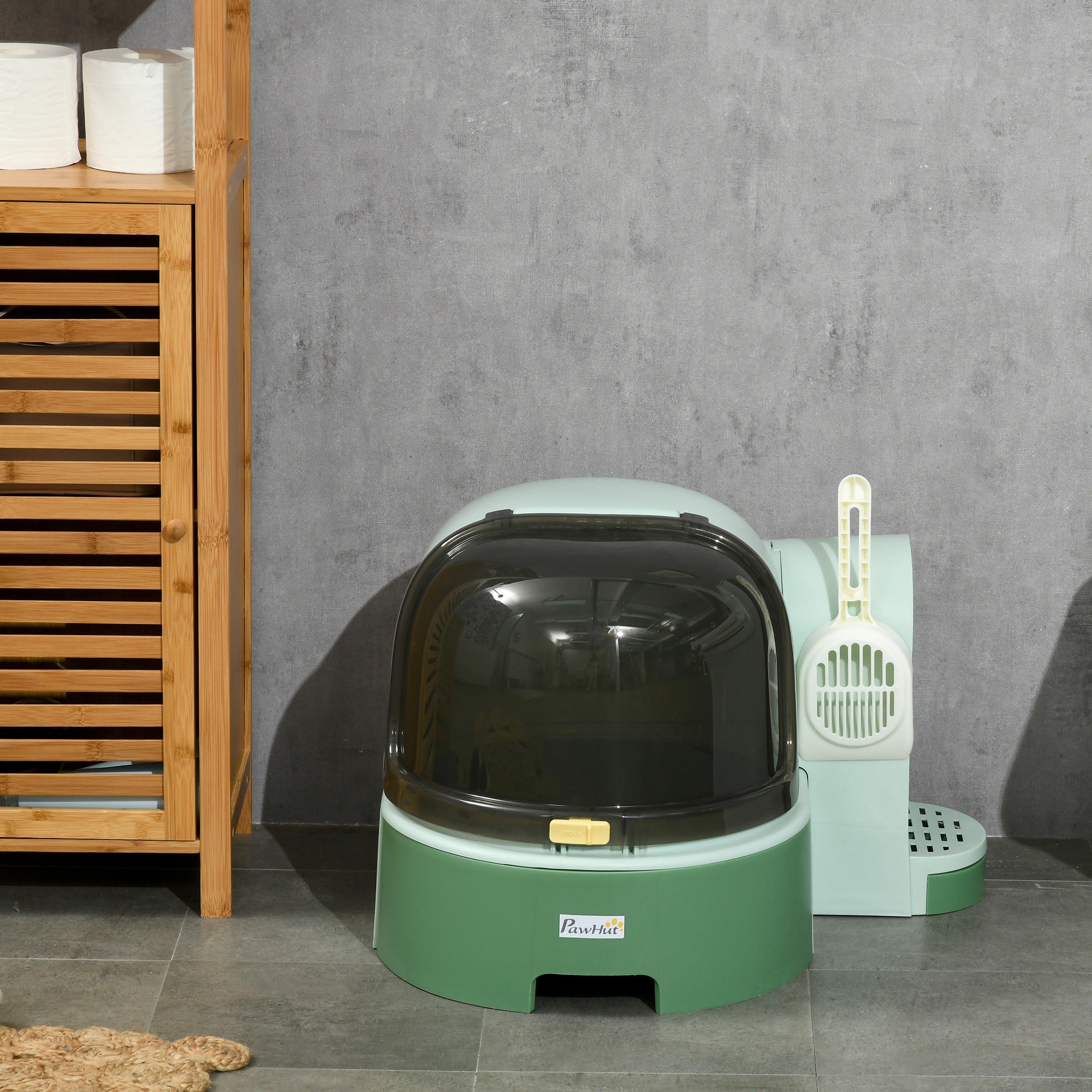 PawHut 2 in 1 Cat Litter Box, with Drawer Pans, Scoop, Openable Cover - Green - North Peak Garden Furniture