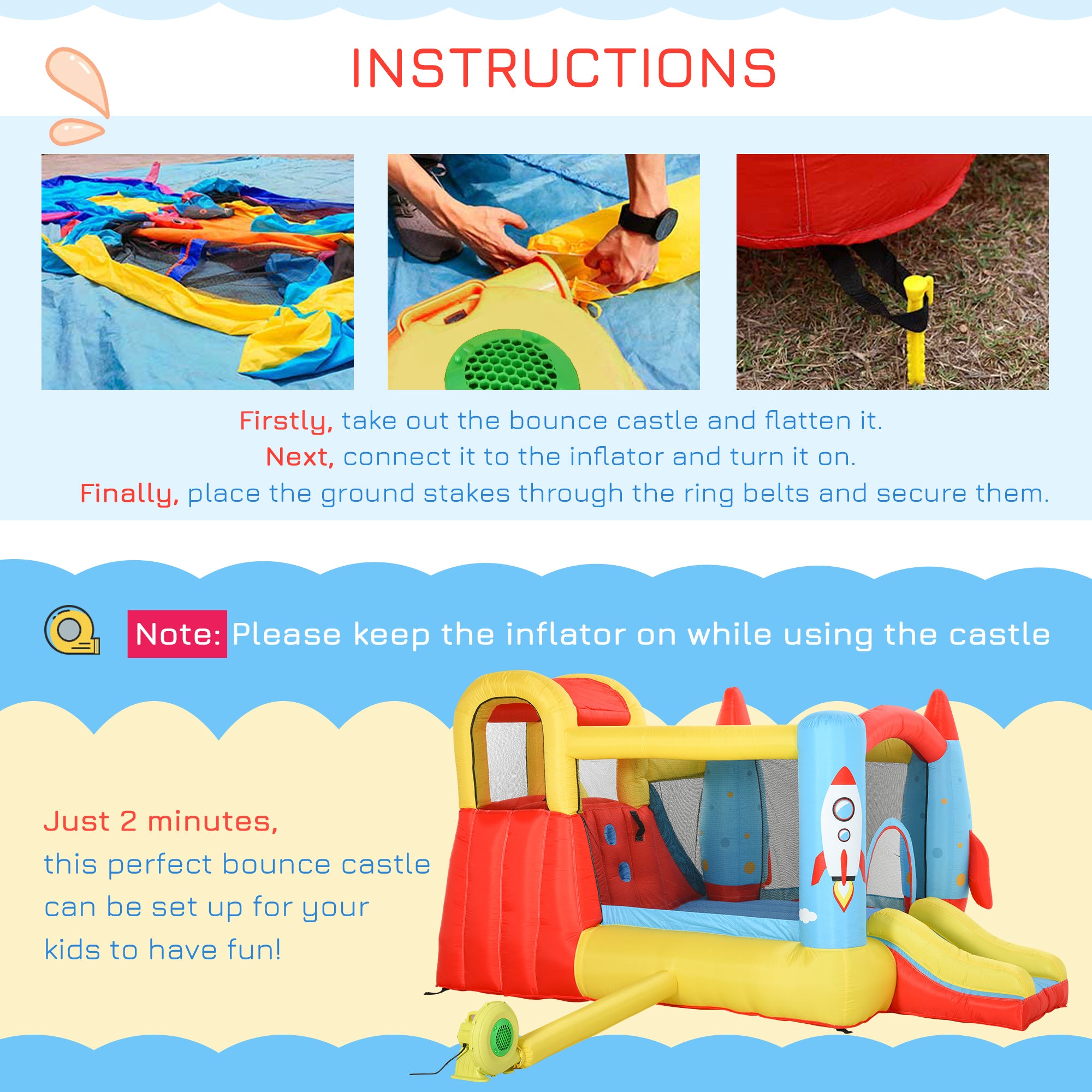 Outsunny Bounce Castle Inflatable Trampoline Slide Pool Rocket Design 3.4 x 2.8 x 1.85m