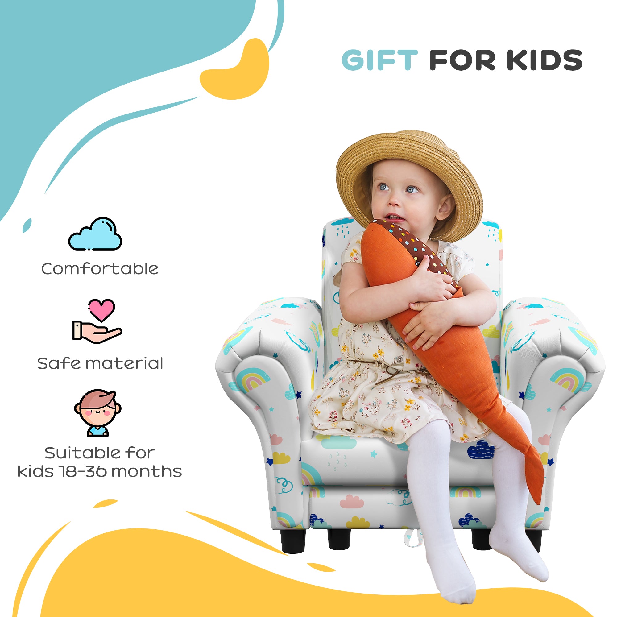 AIYAPLAY 2 Piece Kids Sofa Set with Cloud Design, Wooden Frame, for 1.5-3 Years Old, White - North Peak Garden Furniture