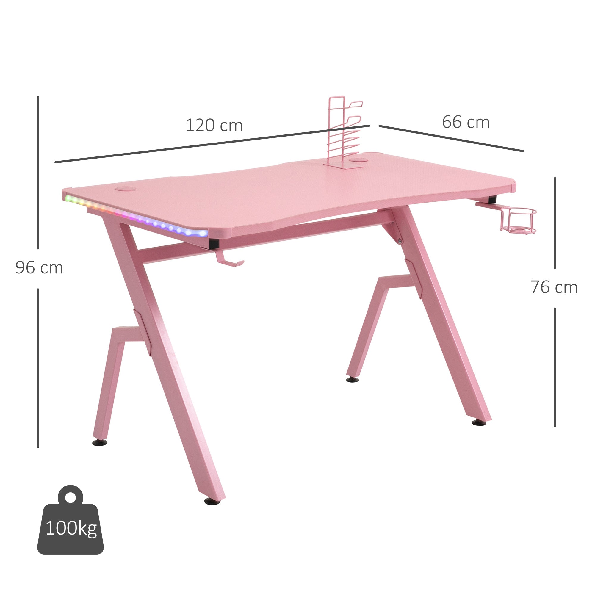 HOMCOM RGB 120 x 66cm Gaming Desk, Computer Table with Carbon Fibre Surface, Headphone Hook, Cup Holder, Controller Rack, Home Office Desk, Pink