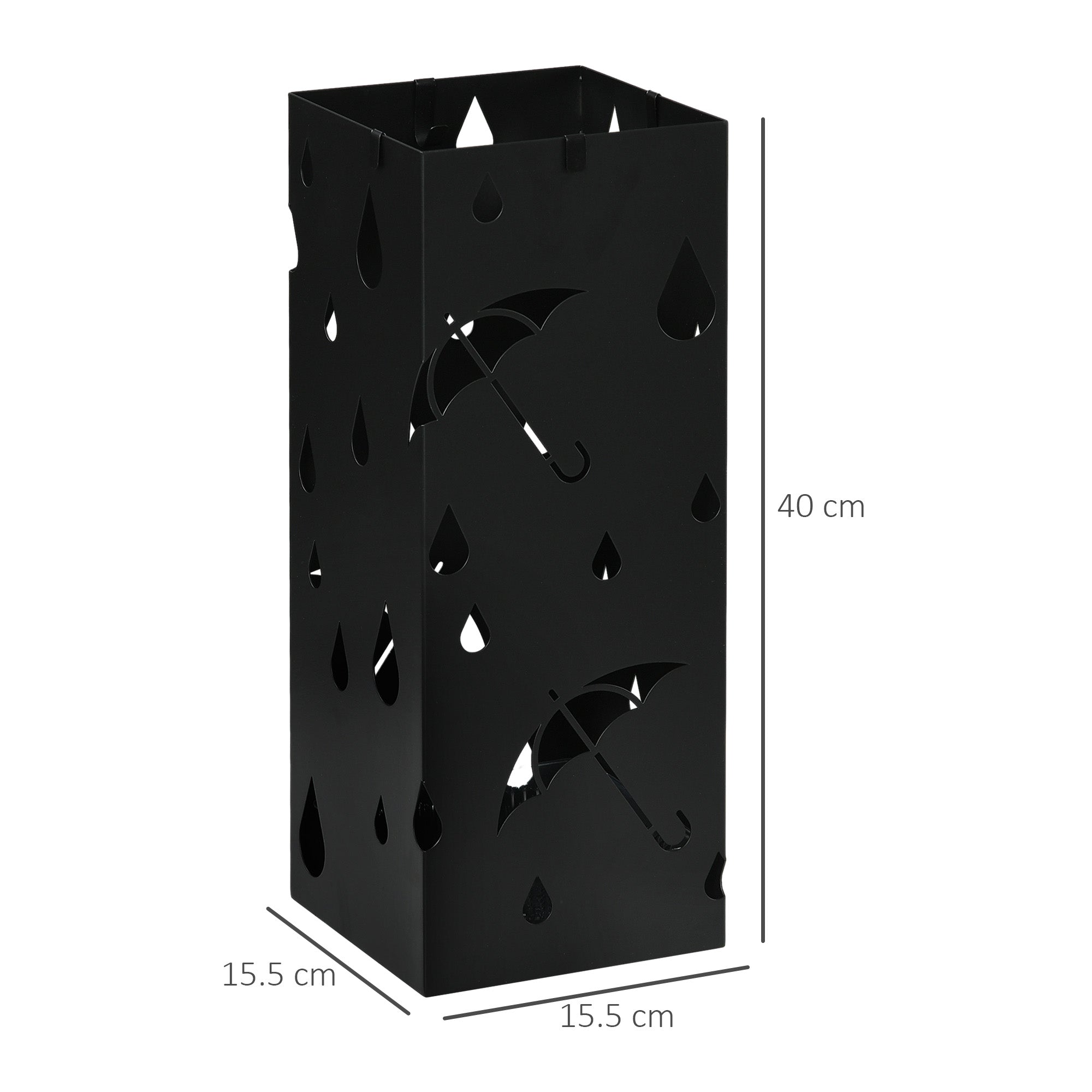 HOMCOM Steel Umbrella Stand, Square Umbrella Holder with 4 Hooks and Removable Drip Tray, Hollowed Umbrella Basket for Hallway, Black - North Peak Garden Furniture