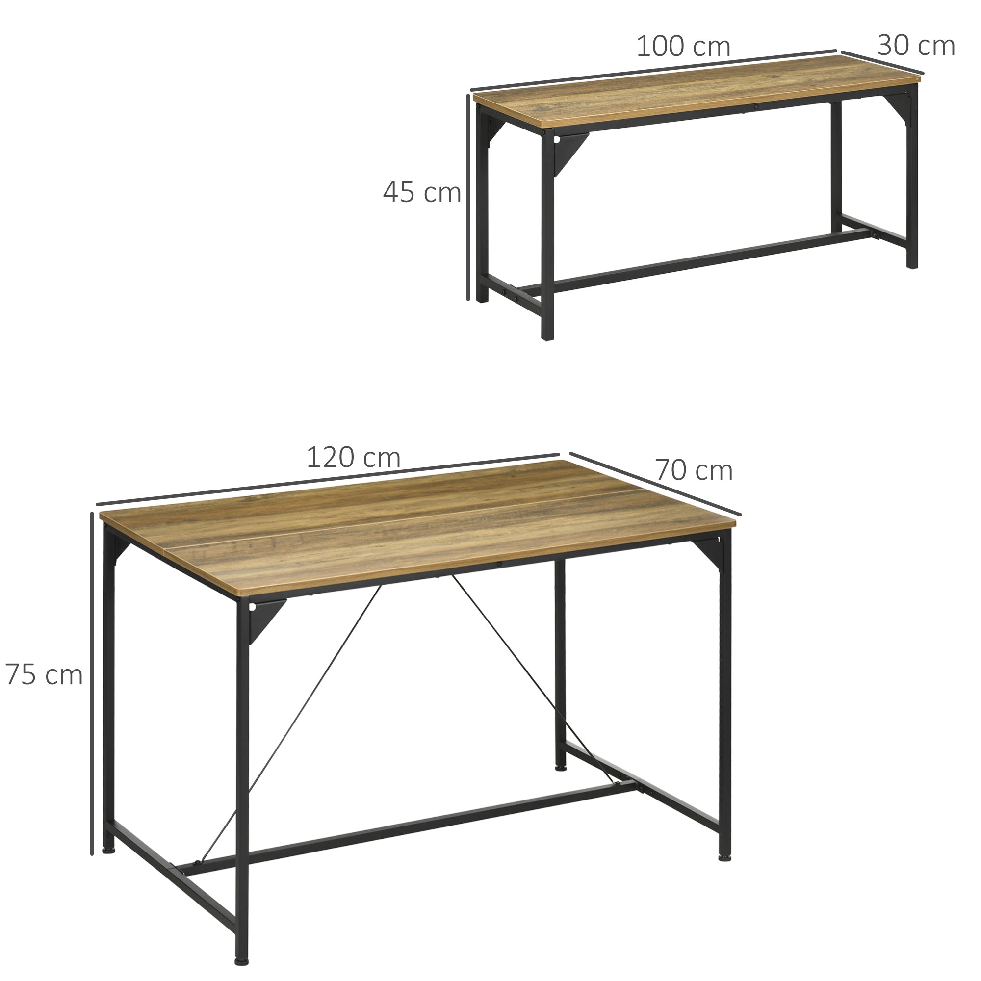 HOMCOM Dining Table and Bench Set for 4, Kitchen Table with 2 Benches, Space Saving Dining Room Sets, Natural - North Peak Garden Furniture