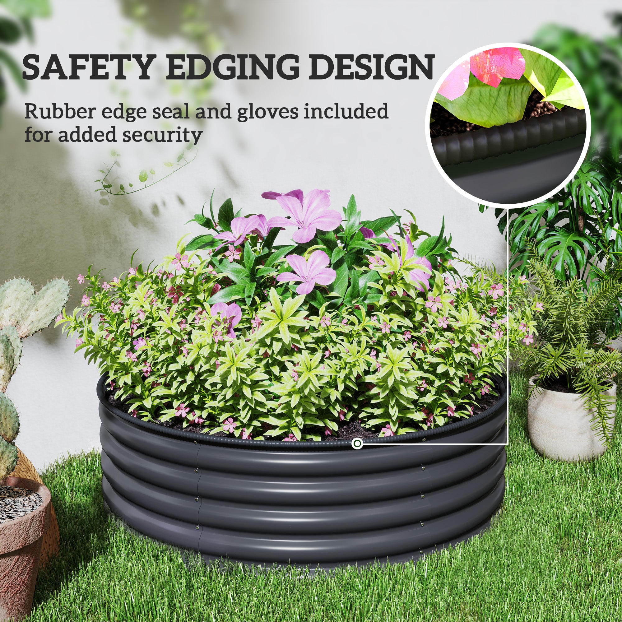 Outsunny Galvanised Raised Garden Bed with Safety Edging, Outdoor Raised Planter Box with Gloves, 120 x 120 x 43cm, Dark Grey - North Peak Garden Furniture