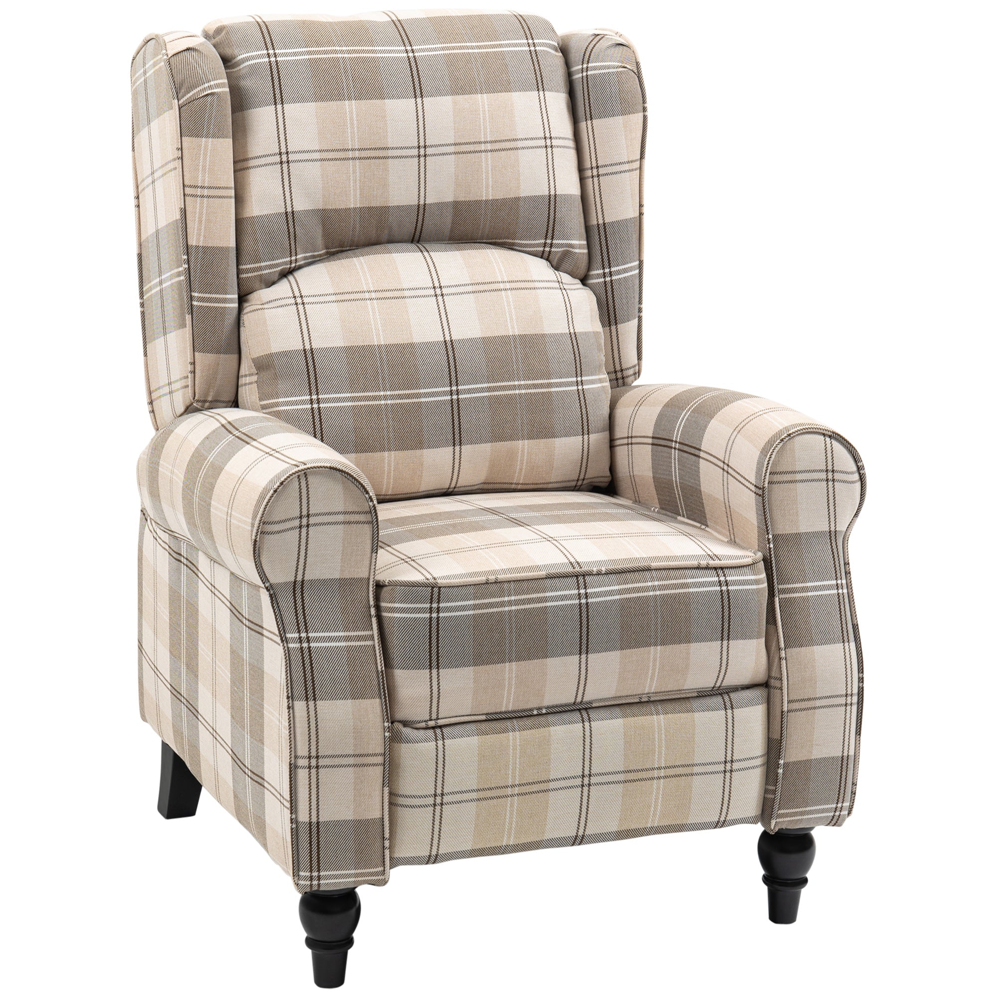 HOMCOM Farmhouse Recliner Armchair for Living Room, Wingback Reclining Chair with Footrest, Round Armrests and Rubber Wood Legs, Khaki - North Peak Garden Furniture