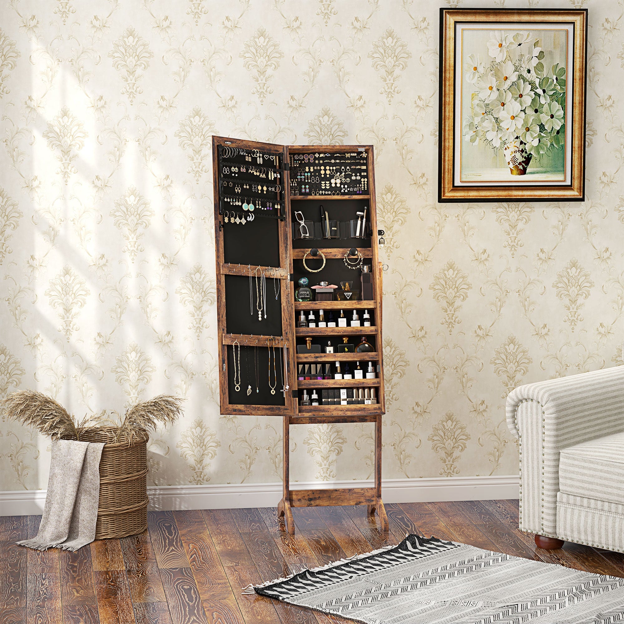 HOMCOM Jewellery Cabinet with LED Light, Lockable Jewellery Organiser with Full-Length Mirror for Bedroom Dressing Room, Rustic Brown - North Peak Garden Furniture