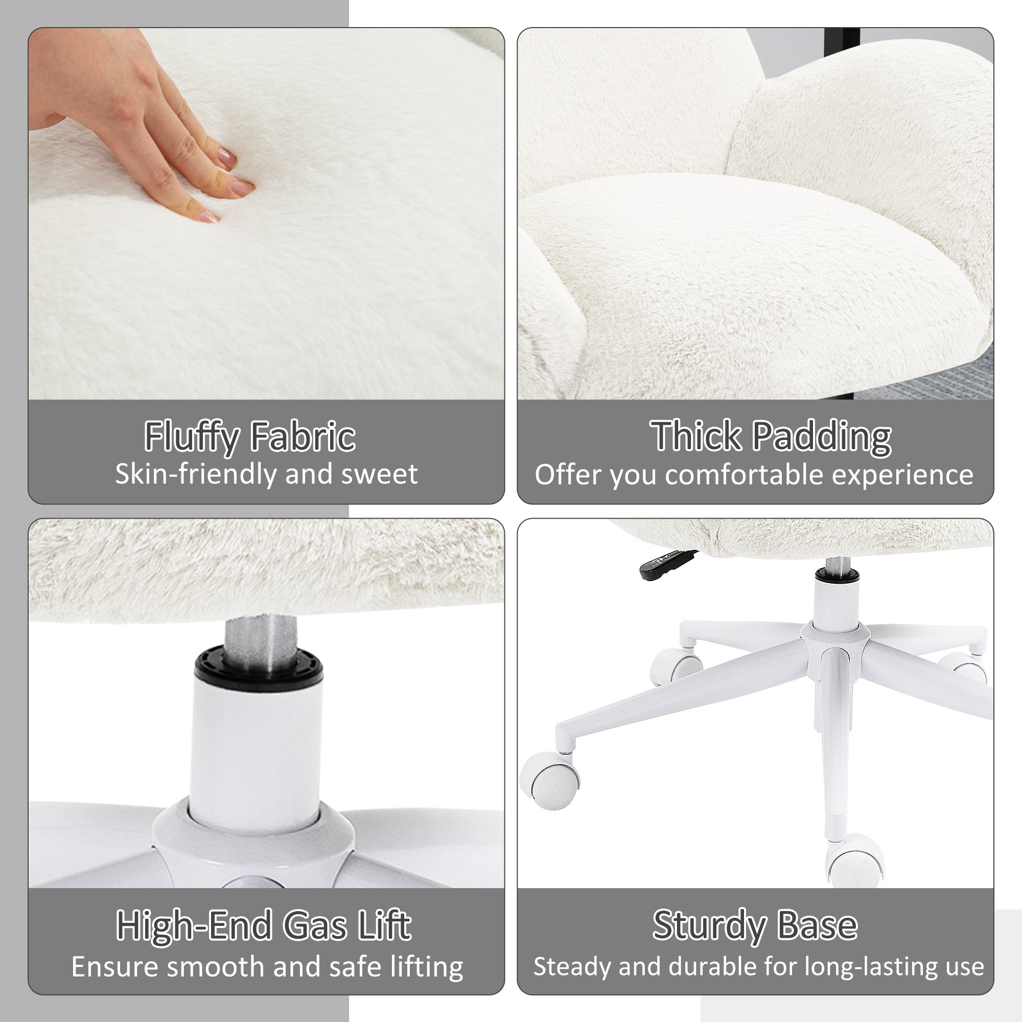HOMCOM Makeup Vanity Chair, Cute Fluffy Desk Chair with Rolling Wheels for Bedroom Living Room, Cream White - North Peak Garden Furniture