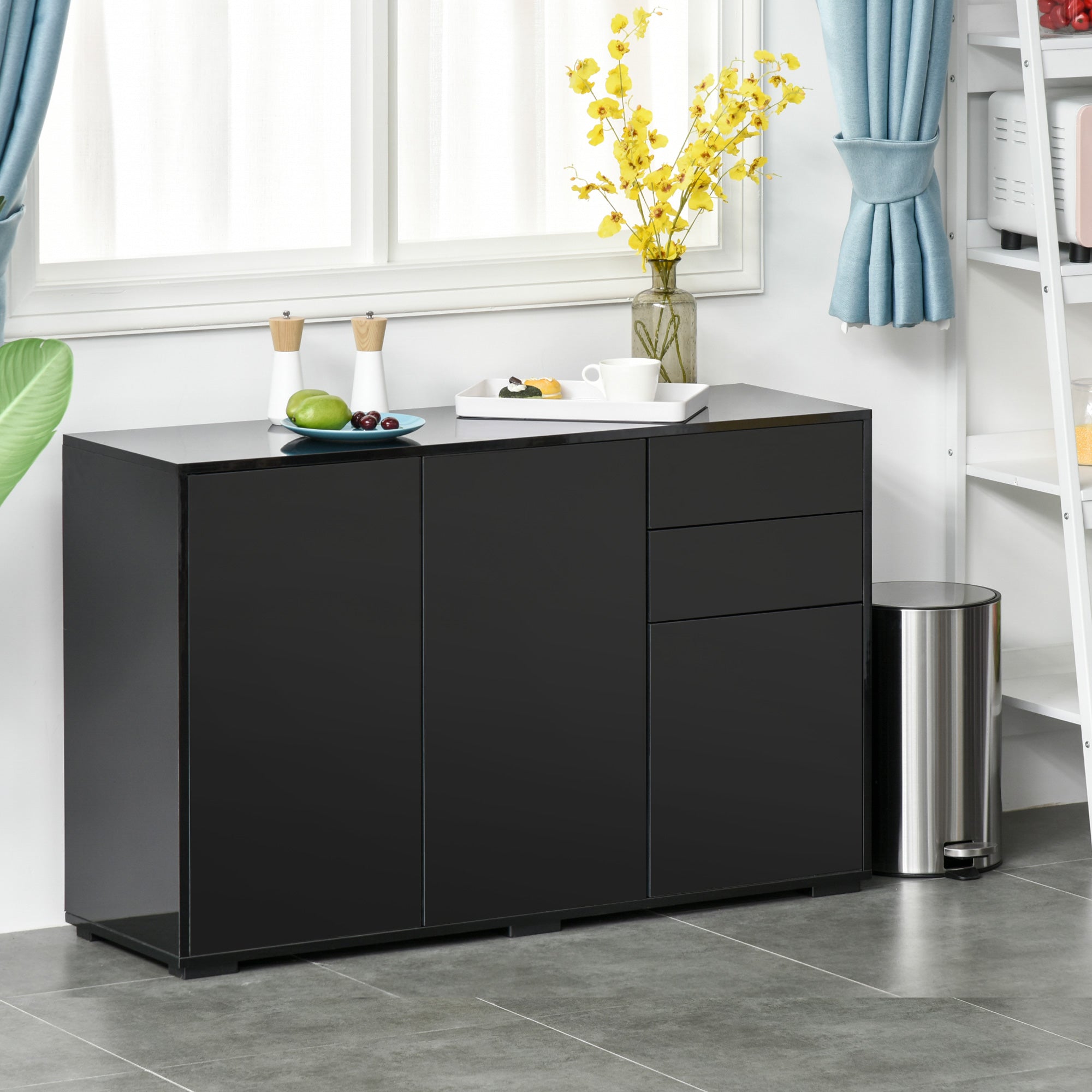 HOMCOM High Gloss Sideboard, Side Cabinet, Push-Open Design with 2 Drawer for Living Room, Bedroom, Black