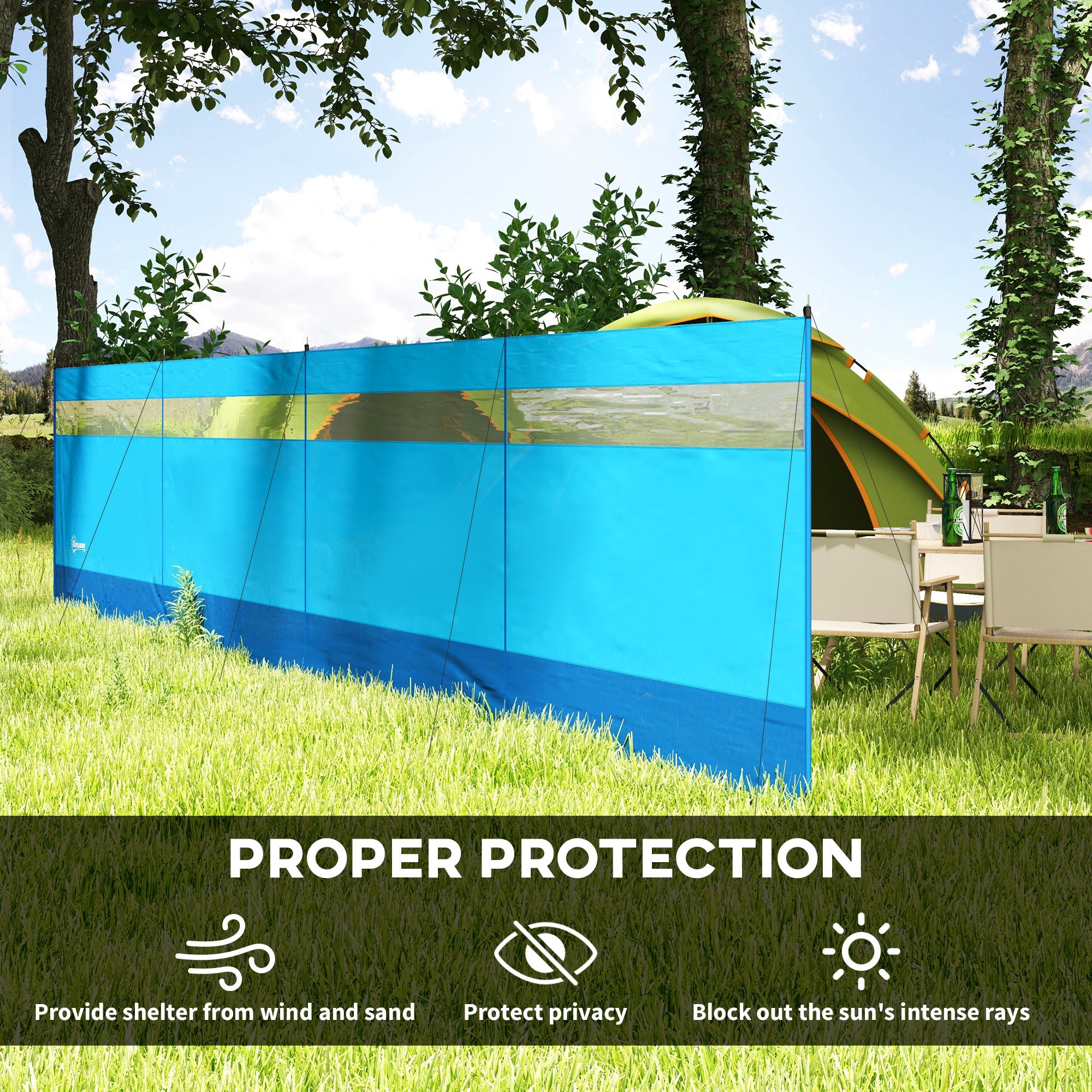 Outsunny Camping Windbreaker with Clear Windows, Carry Bag and Steel Poles, for Beach Caravan Campervan, 725 x 140cm, Blue - North Peak Garden Furniture