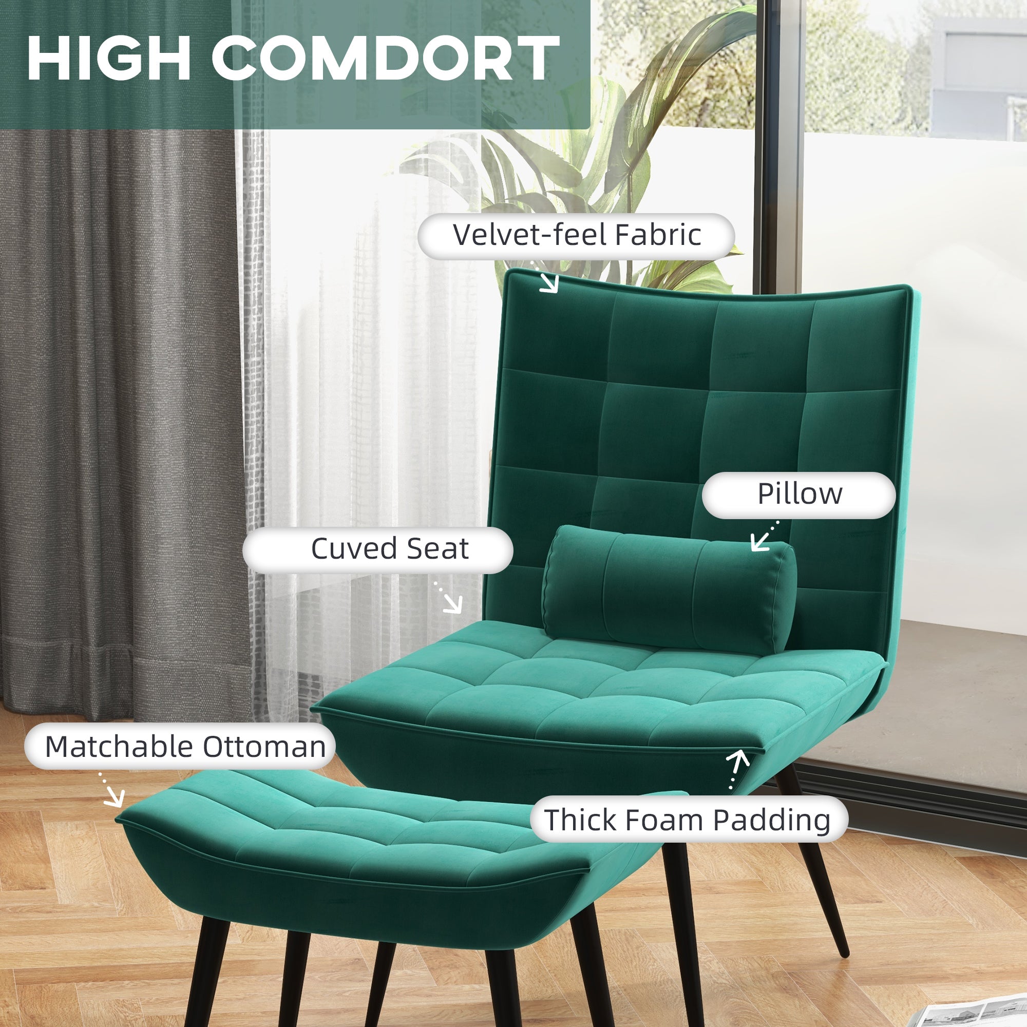 HOMCOM Upholstered Accent Chair with Footstool Set, Modern Tufted Armless Chair with Steel Legs for Living Room, Bedroom, Home Study, Green