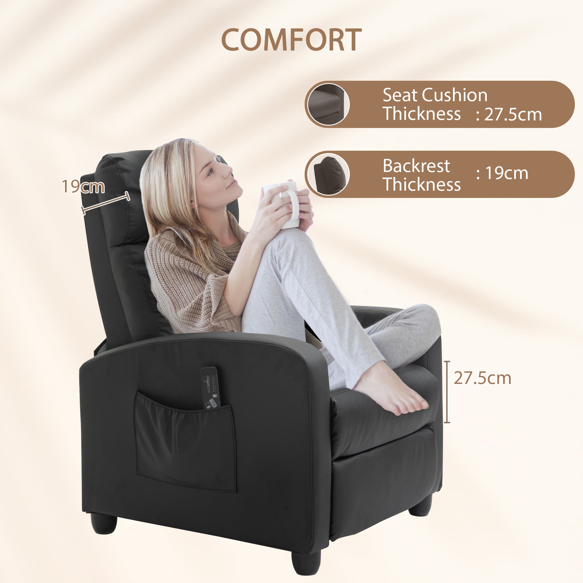 HOMCOM Recliner Armchair, Massage Faux Leather Push Back Reclining Chair with Adjustable Leg Rest, Side Pocket, for Home Living Room Theatre, Black - North Peak Garden Furniture