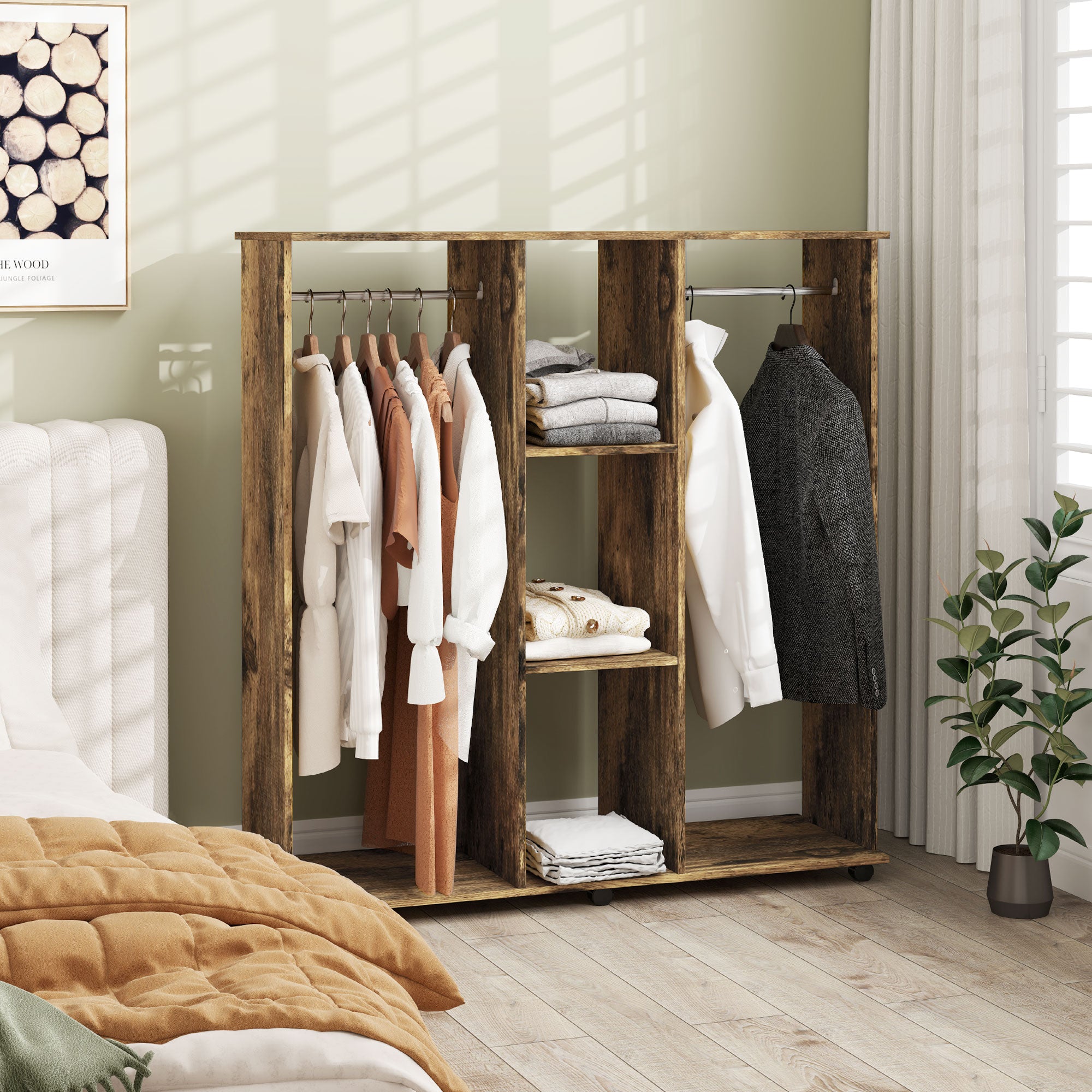 HOMCOM Open Wardrobe Double Mobile Storage Shelves Organizer W/6 Wheels-Rustic Brown - North Peak Garden Furniture