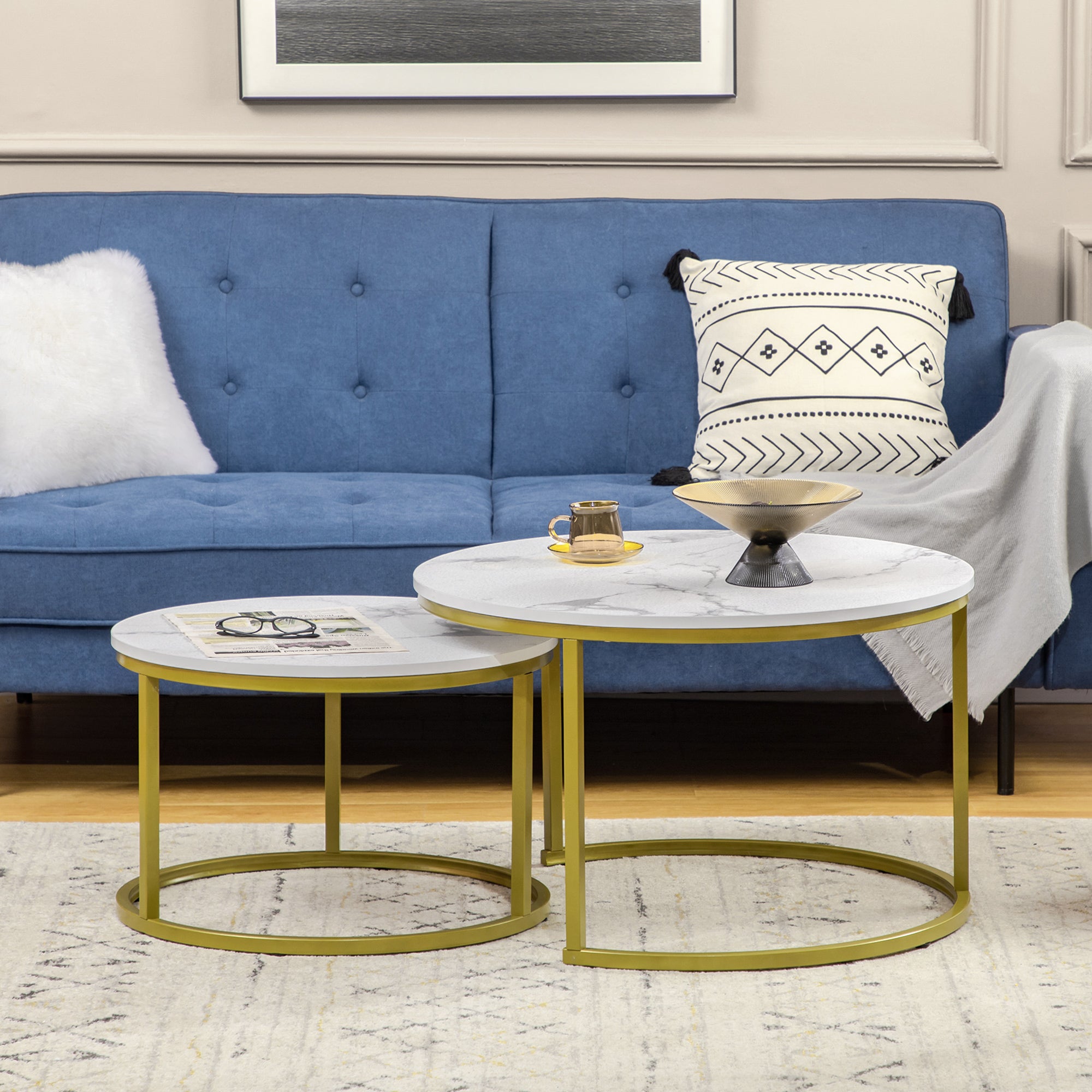 HOMCOM Coffee Table Set of 2, Round Nest of Tables with Faux Marble Tabletop and Metal Frame, Modern Side Tables for Living Room, White - North Peak Garden Furniture
