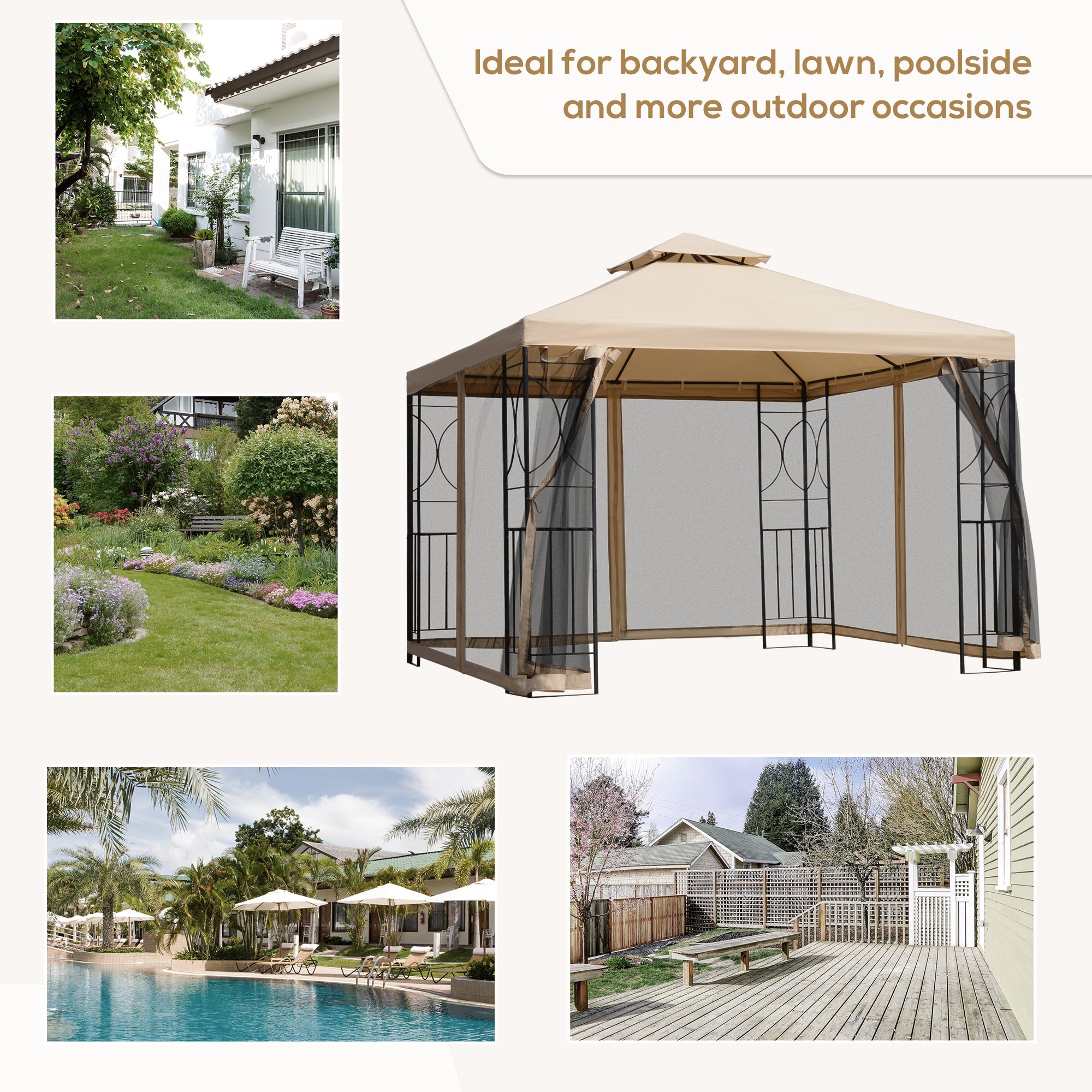 Outsunny 3(m) x 3(m) Garden Gazebo, Double Roof Outdoor Gazebo Canopy Shelter with Netting, Solid Steel Frame for Garden, Lawn, Backyard and Deck - North Peak Garden Furniture