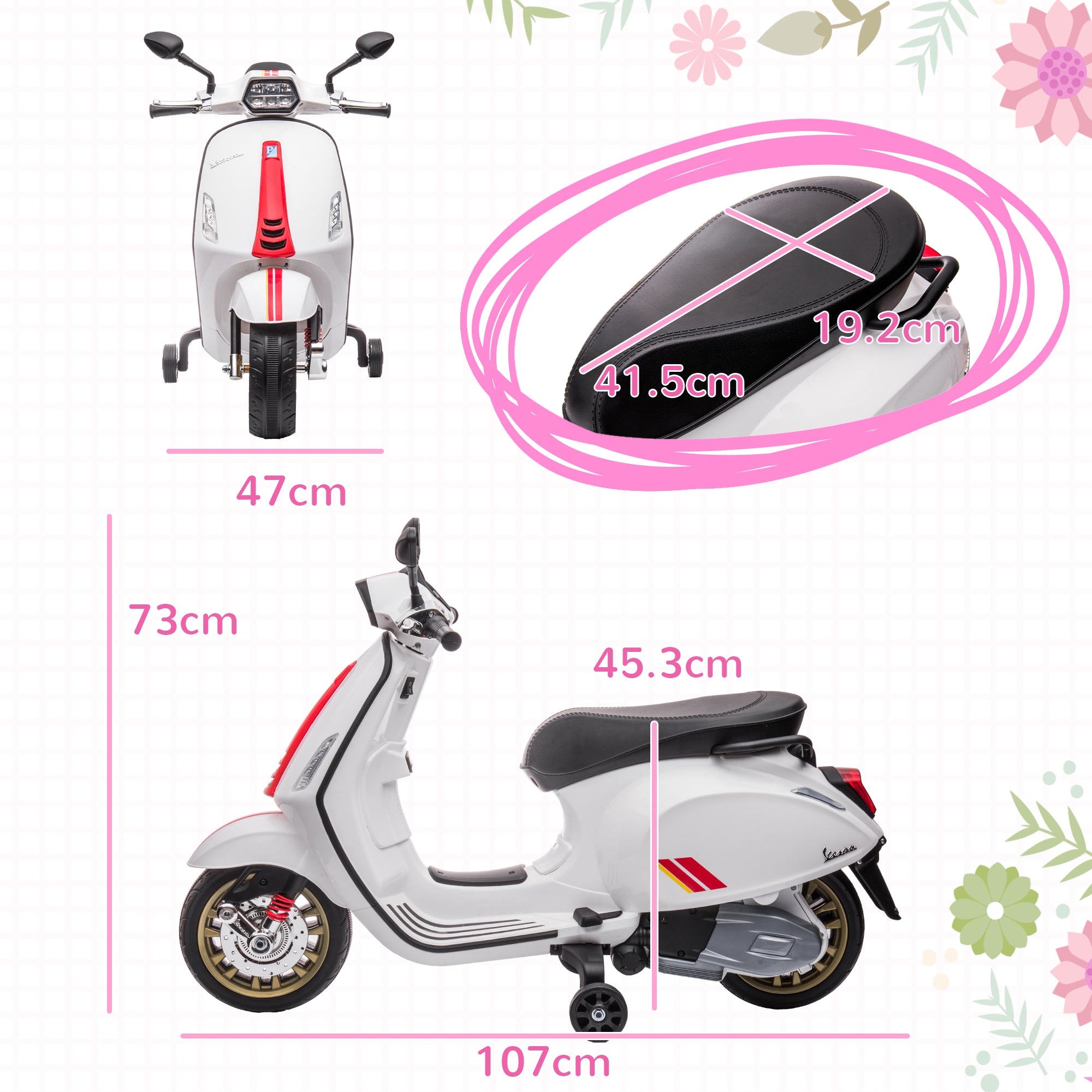 AIYAPLAY 12V Vespa Licensed Kids Electric Motorbike w/ Music, Headlights, FM Radio, for 3-6 Years - White - North Peak Garden Furniture