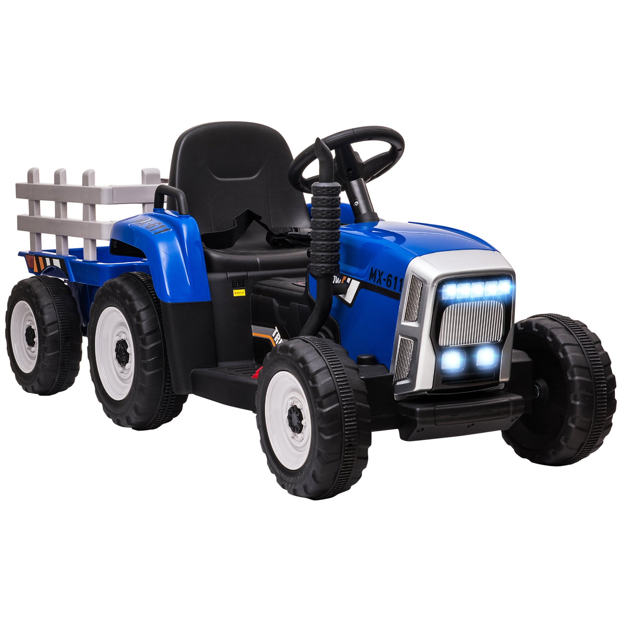 HOMCOM Ride On Tractor, Battery Powered Electric Car, with Detachable Trailer, Remote Control, Music - Blue - North Peak Garden Furniture