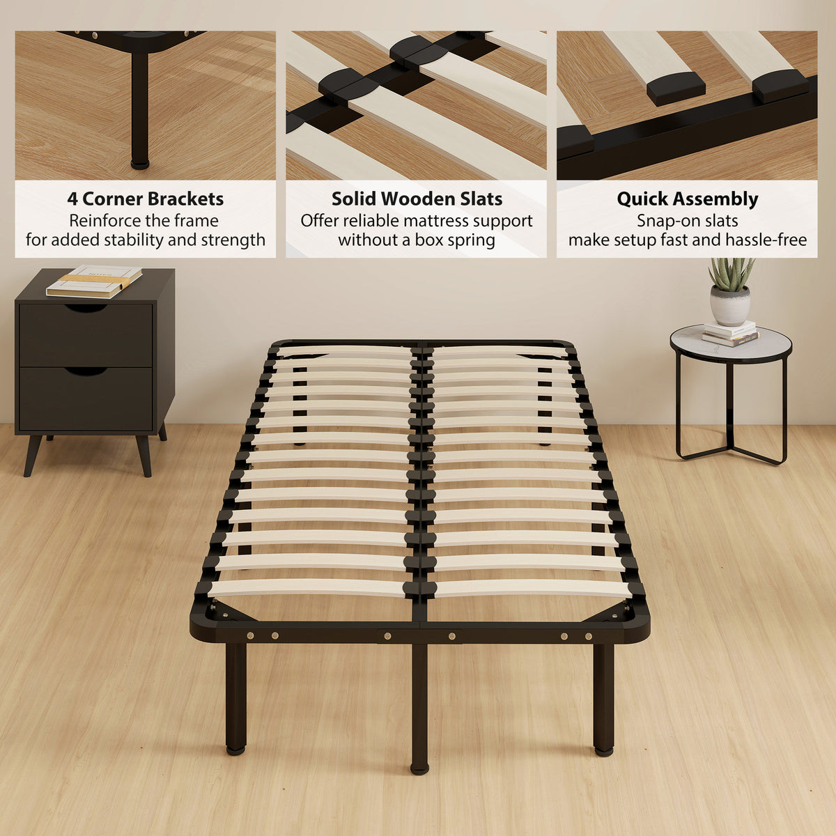 HOMCOM 3ft Single Bed Frame, Metal Platform Bed Frame with 2 x 14 Wood Slats, No Box Spring Needed, Underbed Storage, Black