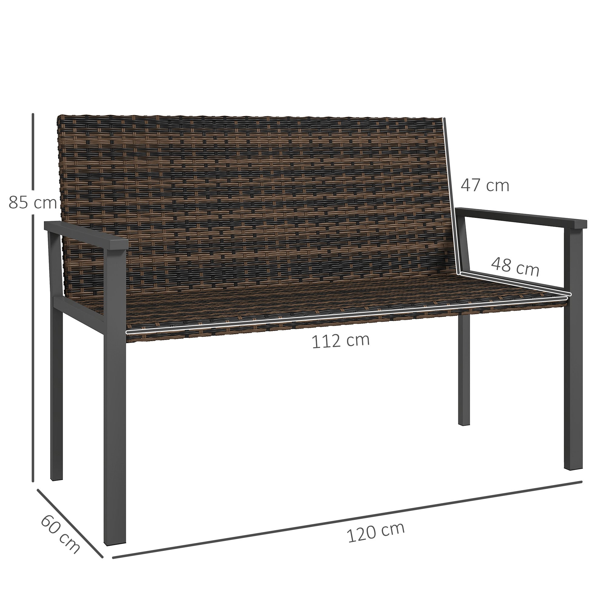 Outsunny 2 Seater Rattan Garden Bench, Outdoor Bench with Quick-Drying Cotton Padding, Wicker Garden Loveseat with Armrests, Steel Frame for Patio, Park, Mixed Brown - North Peak Garden Furniture