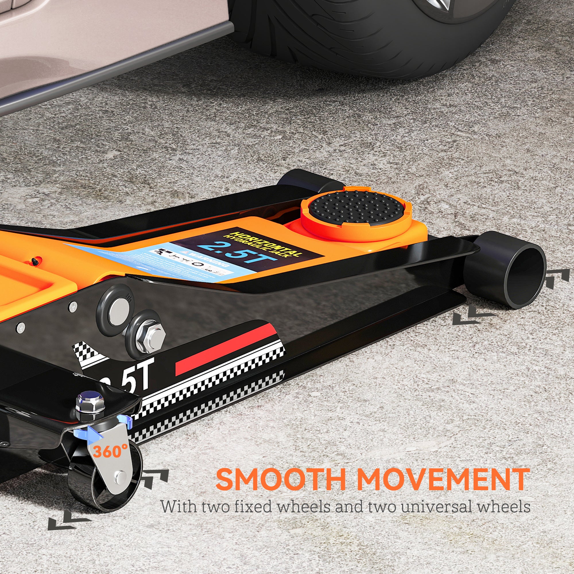 HOMCOM 2.5 Ton Hydraulic Low-Profile Floor Jack, with 7.5-47cm Lifting Range, Wheels, Orange - North Peak Garden Furniture