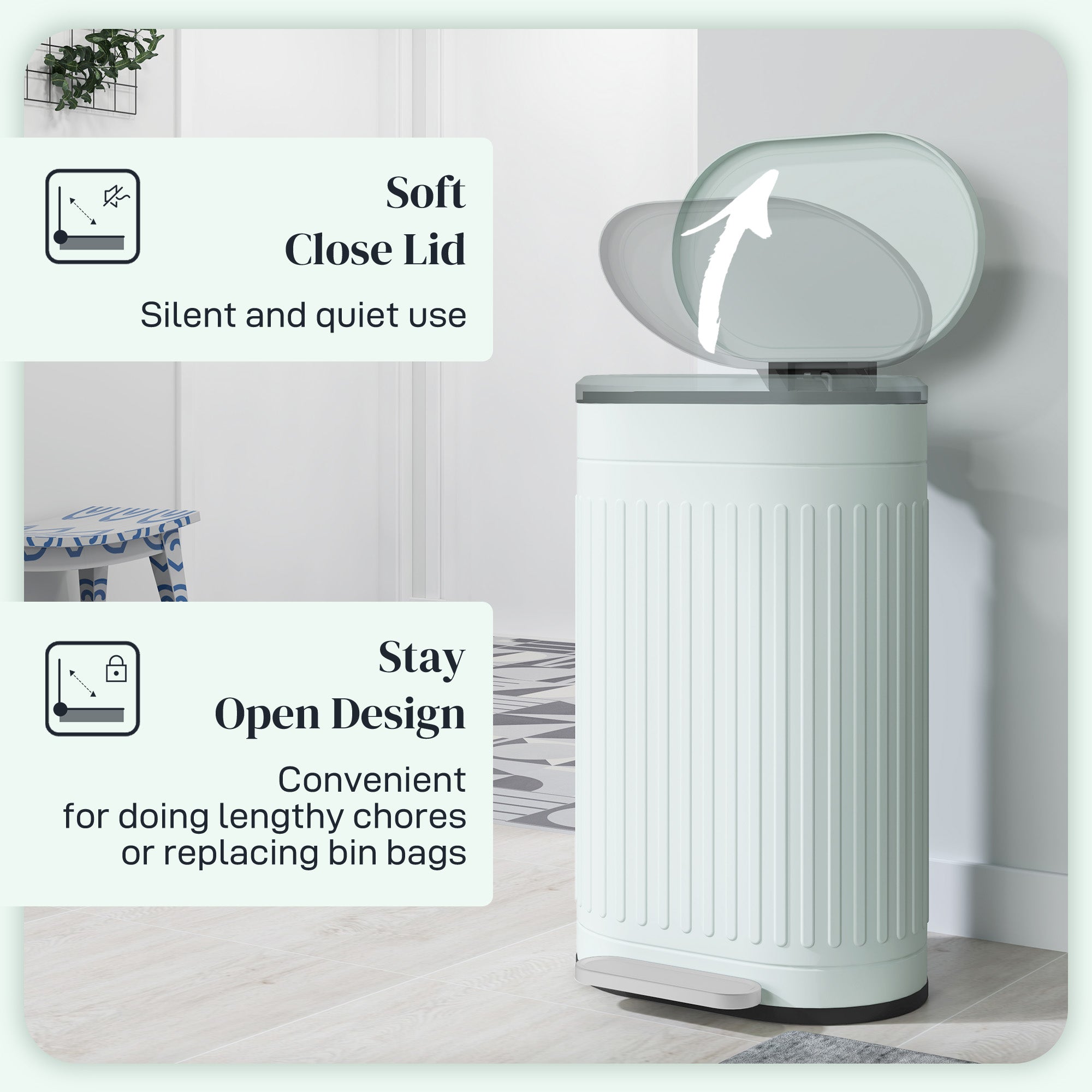 HOMCOM 30 Litre Pedal Bin, Fingerprint Proof Kitchen Bin with Soft-close Lid, Metal Rubbish Bin with Foot Pedal and Removable Inner Bucket, Light Green - North Peak Garden Furniture