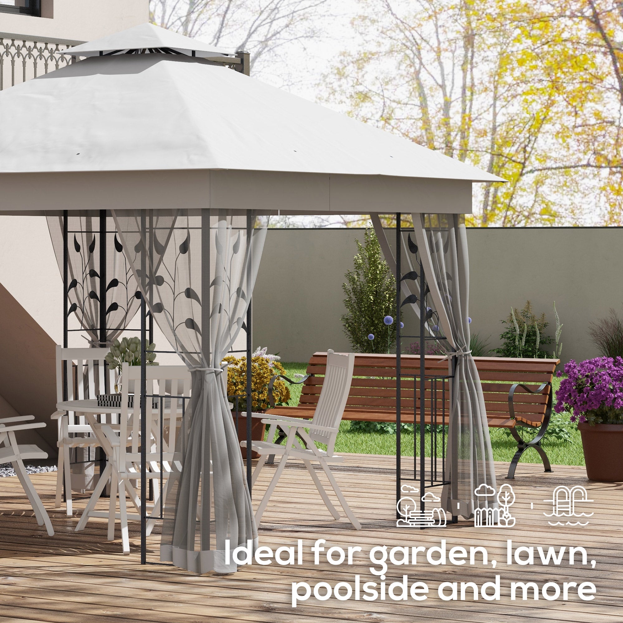 Outsunny 3(m) x 3(m) Double Roof Outdoor Garden Gazebo Canopy Shelter with Netting, Solid Steel Frame, Light Grey - North Peak Garden Furniture
