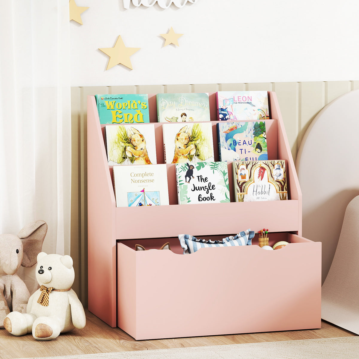 AIYAPLAY Bookcase for Kids with Shelves, Drawer, Bookcase for Bedroom, Playroom, Pink
