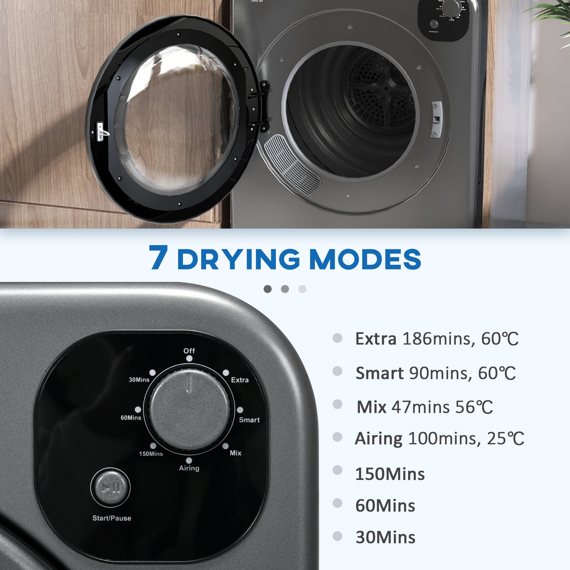 HOMCOM 6kg Vented Tumble Dryer, Freestanding, Wall Mounted, Stackable, Portable Dryer with 7 Programmers, Grey - North Peak Garden Furniture