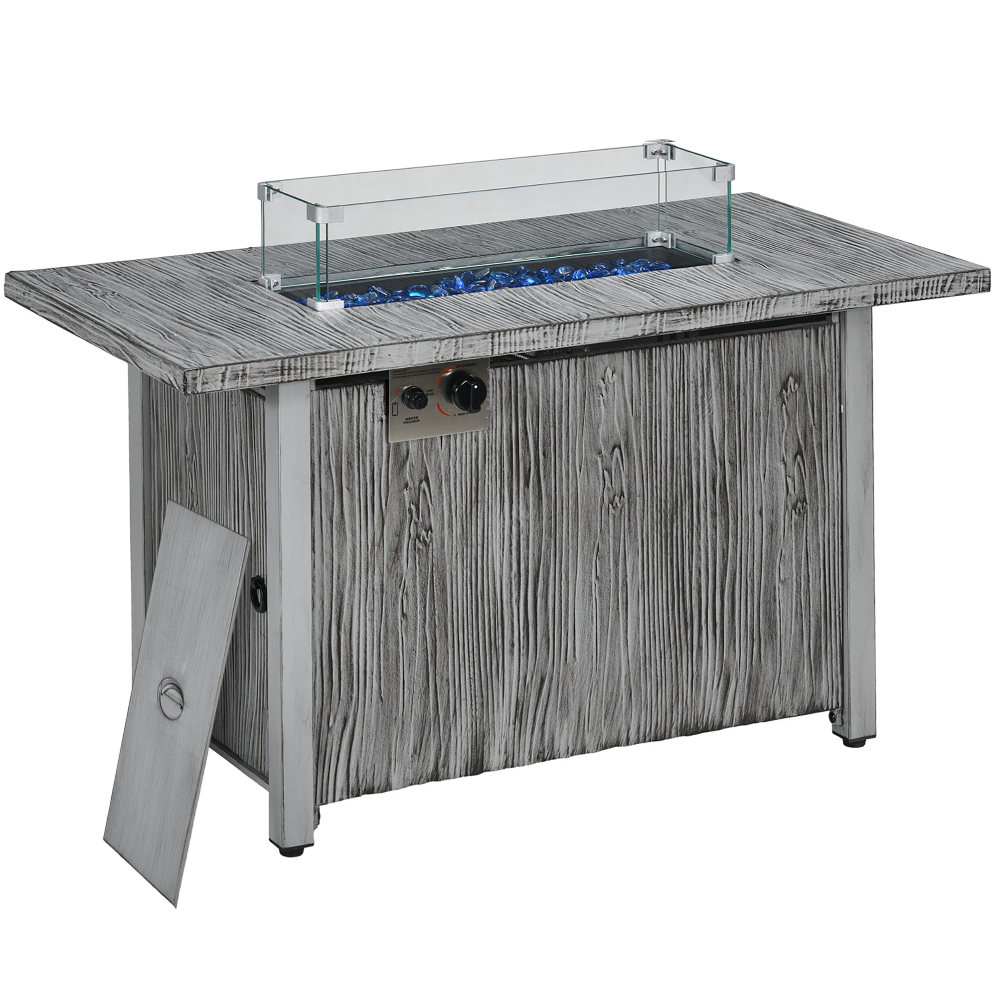Outsunny 50,000 BTU Gas Fire Pit Table with Cover and Glass Screen - Grey - North Peak Garden Furniture