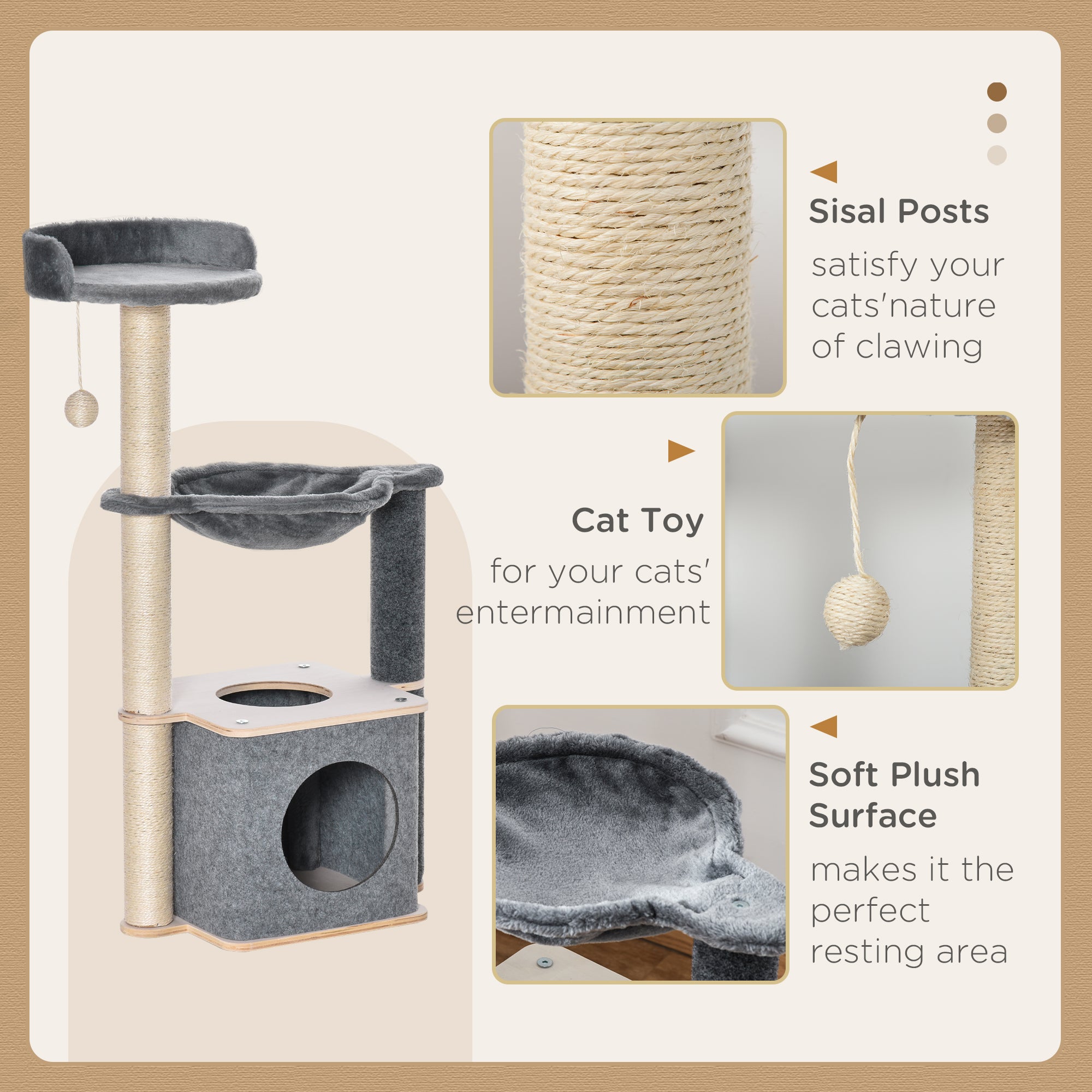PawHut Cat Tree for Indoor Cats 95cm Climbing Tower Kitten Activity Center with Sisal Scratching Post Perch Roomy Condo Hammock Removable Felt Hanging Toy, Grey - North Peak Garden Furniture