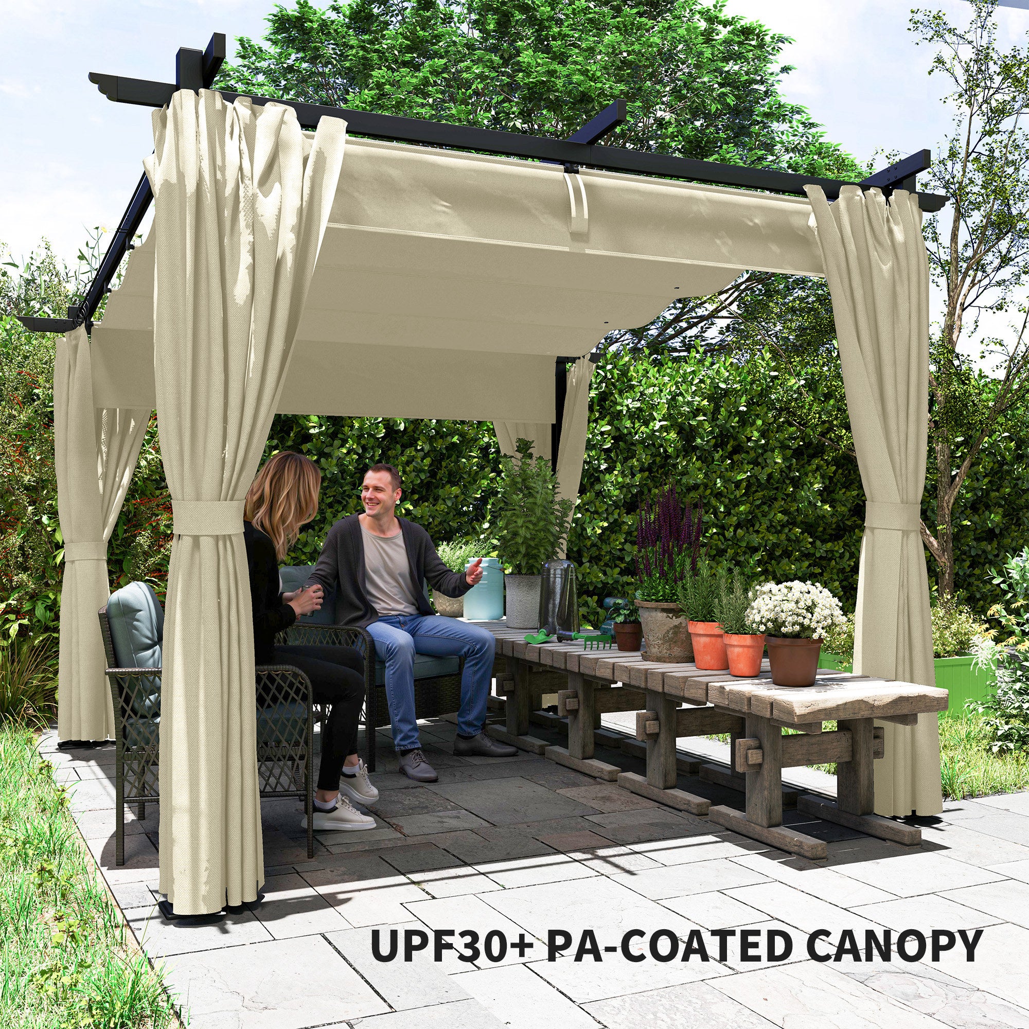Outsunny 3 x 3 m Retractable Roof Pergola, with Curtains - Beige - North Peak Garden Furniture
