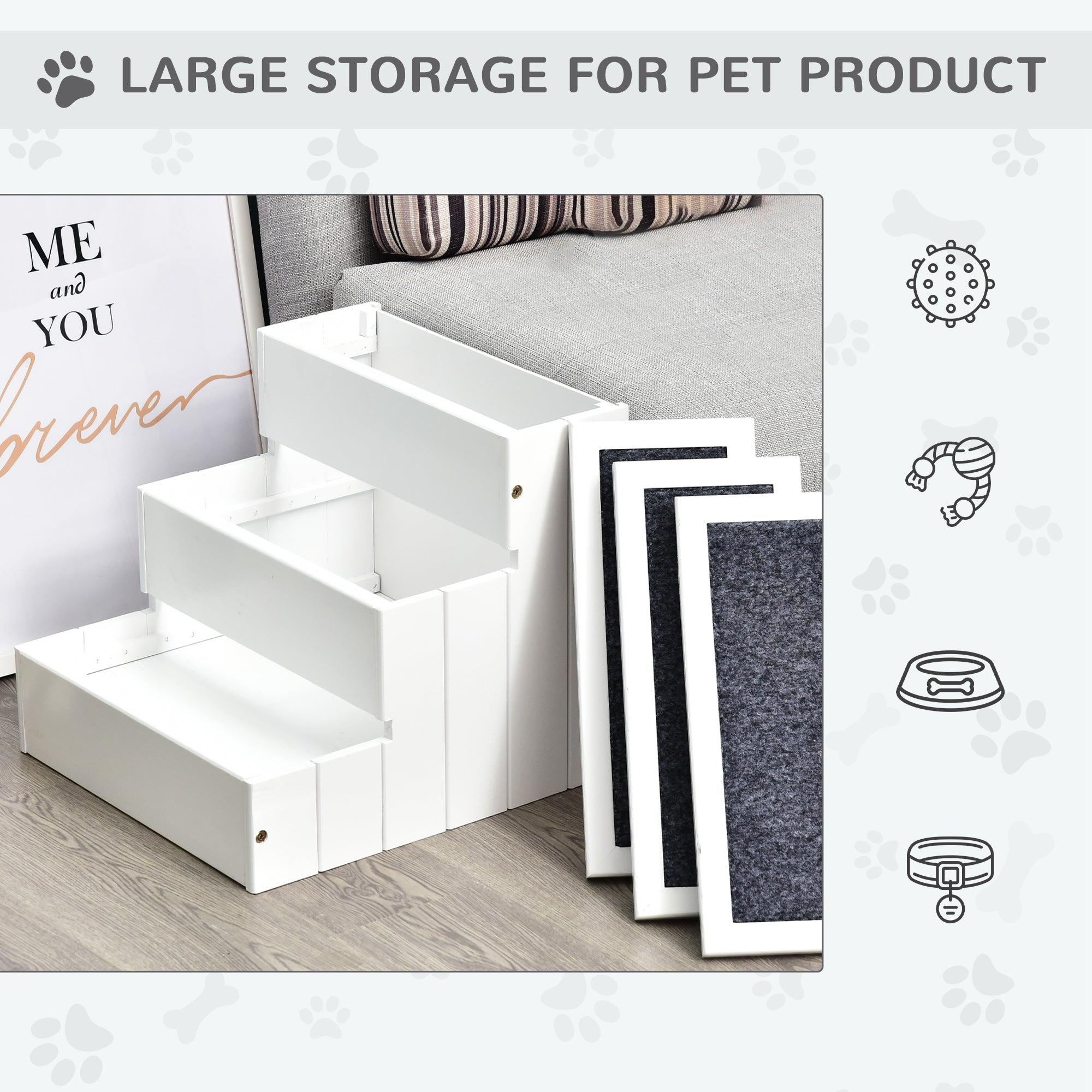 PawHut 3 Step Wooden Pet Stairs, Carpeted Ramp for Cats & Small Dogs, Non-Slip Carpet, Compact, White