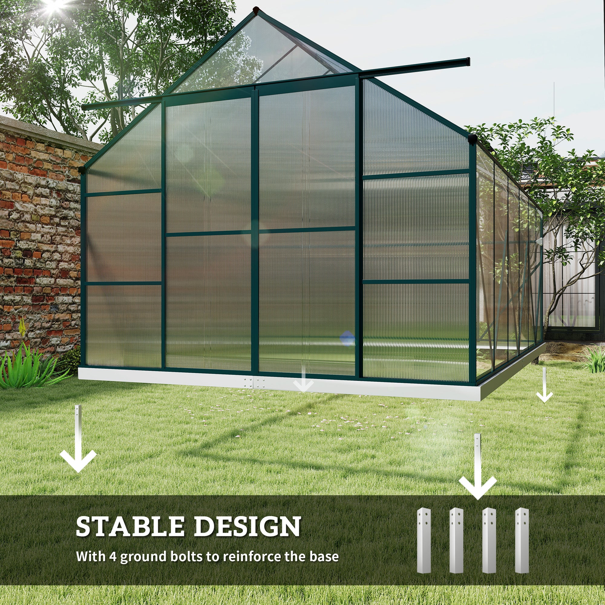 Outsunny 8 x 12ft Aluminium Greenhouse Polycarbonate Walk-in Garden Greenhouse Kit with Adjustable Roof Vent, Double Sliding Door, Rain Gutter and Foundation, Clear - North Peak Garden Furniture