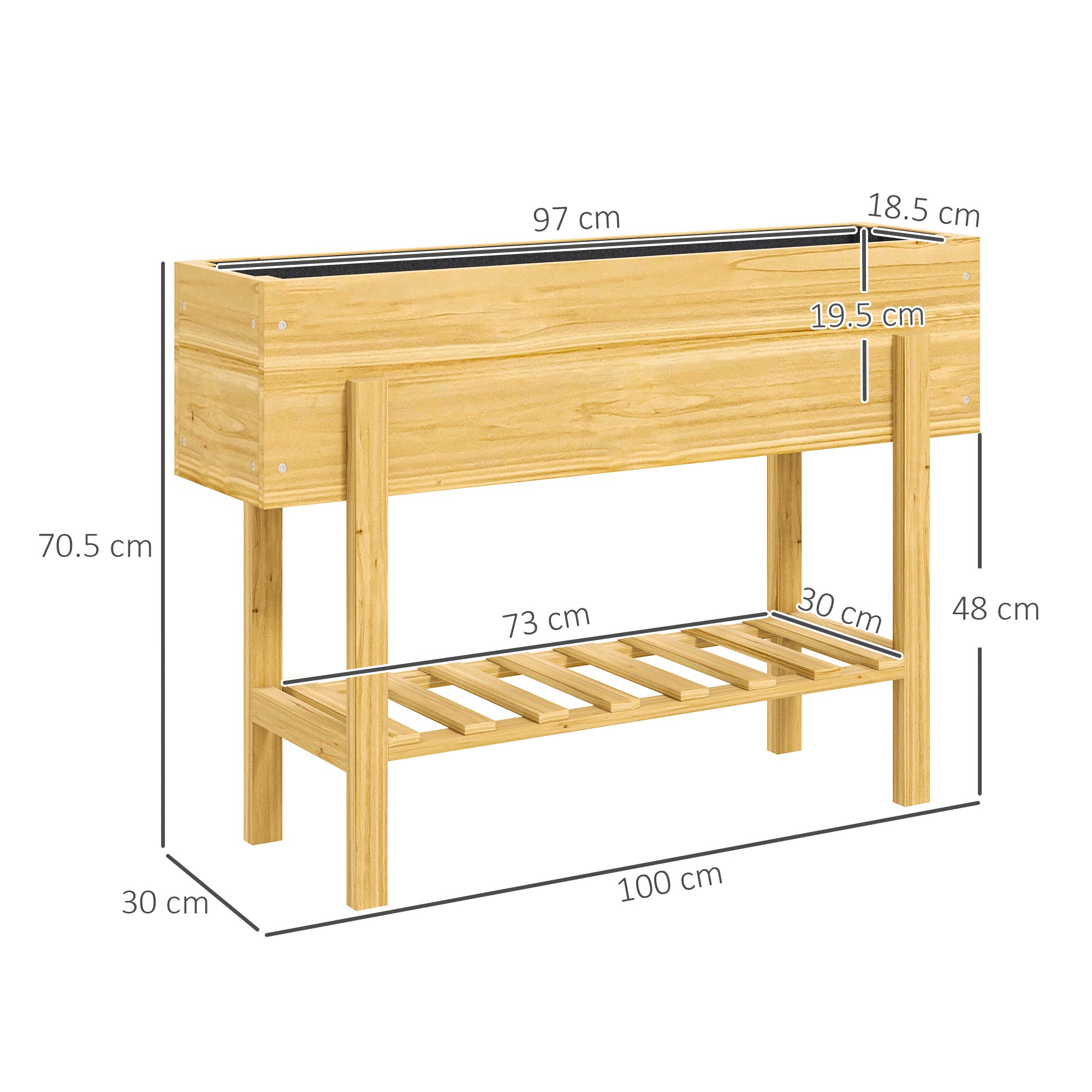 Outsunny Wooden Raised Garden Bed, Elevated Planter Box with Bed Liner, Drainage Holes and Storage Shelf, Raised Planter for Vegetables, Flowers, Herbs, 100 x 30 x 71 cm, Natural Wood Finish - North Peak Garden Furniture