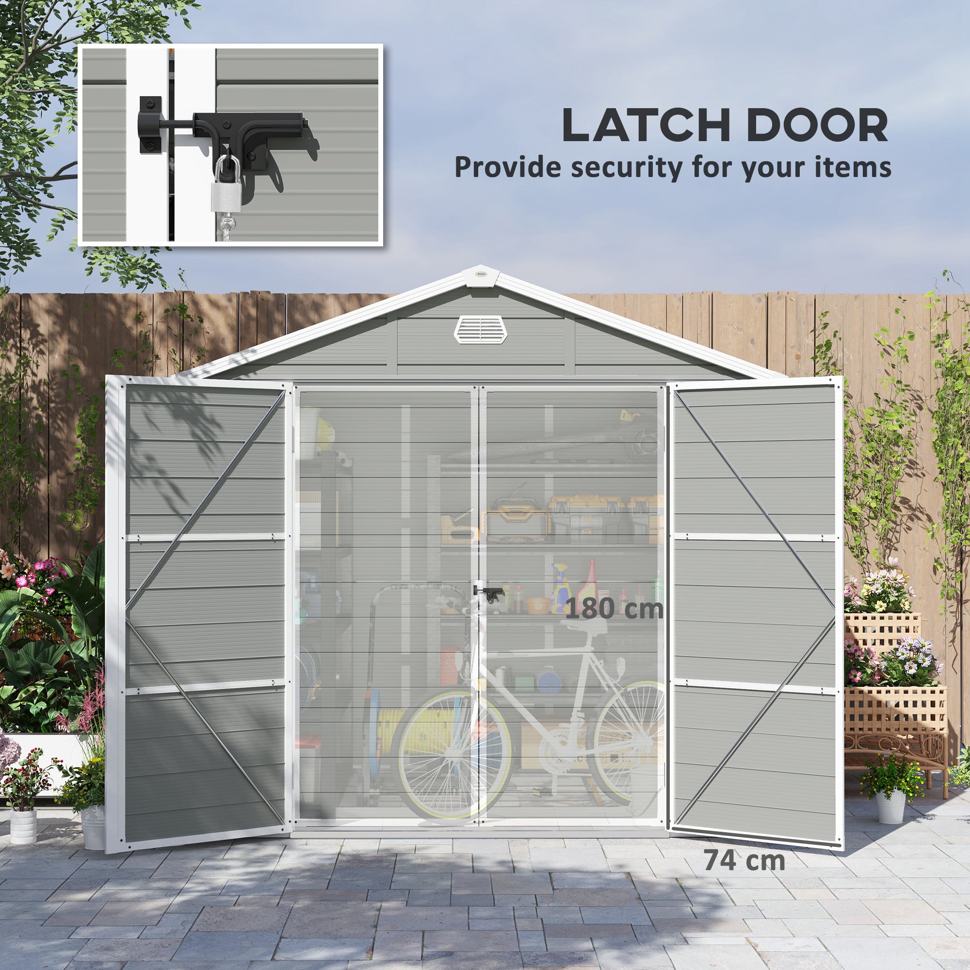 Outsunny 7.9ft x 6.2ft Aluminium Frame and Plastic Wall Shed, with Foundation - Light Grey - North Peak Garden Furniture