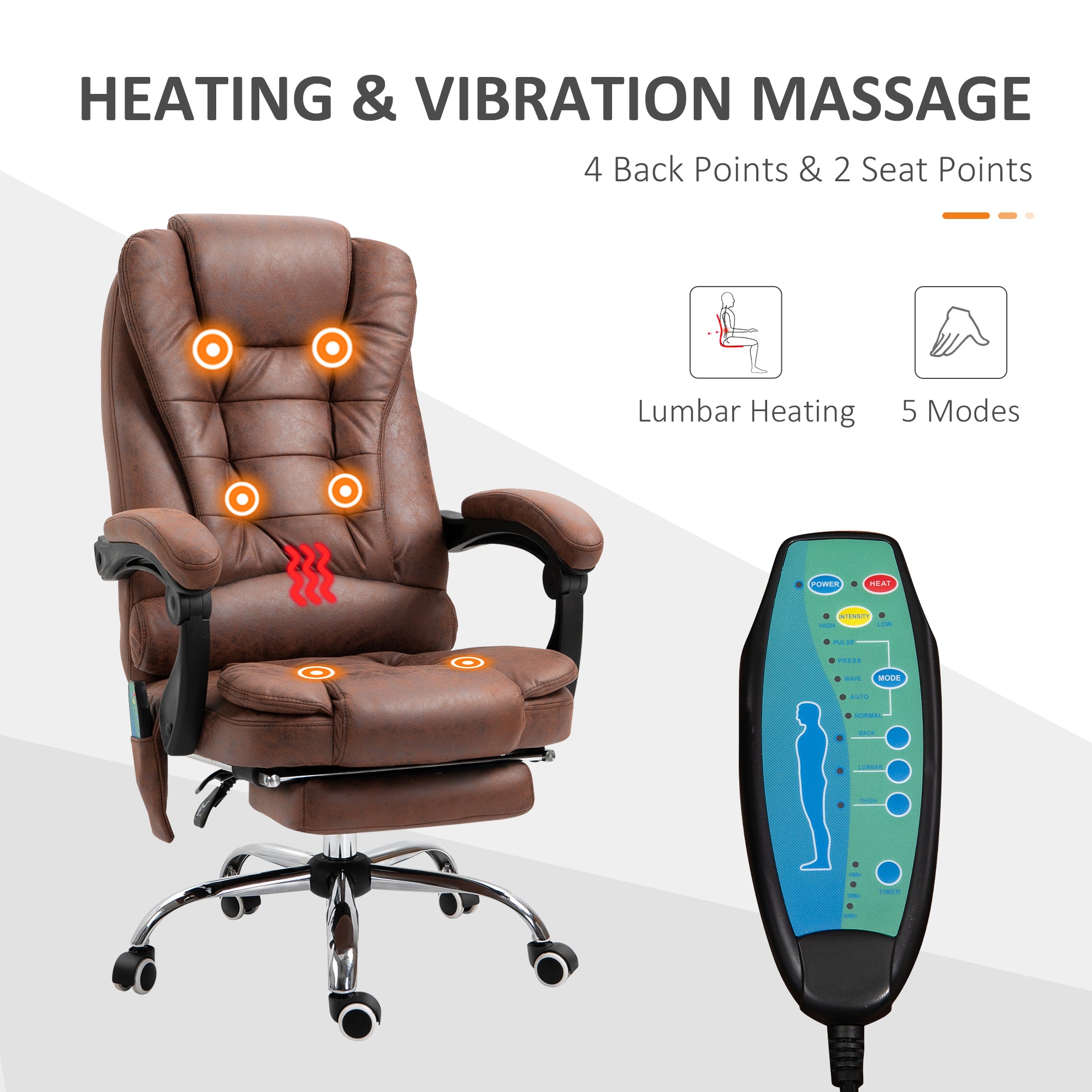 Vinsetto Heated 6 Points Vibration Massage Executive Office Chair Adjustable Swivel Ergonomic High Back Desk Chair Recliner with Footrest Brown - North Peak Garden Furniture