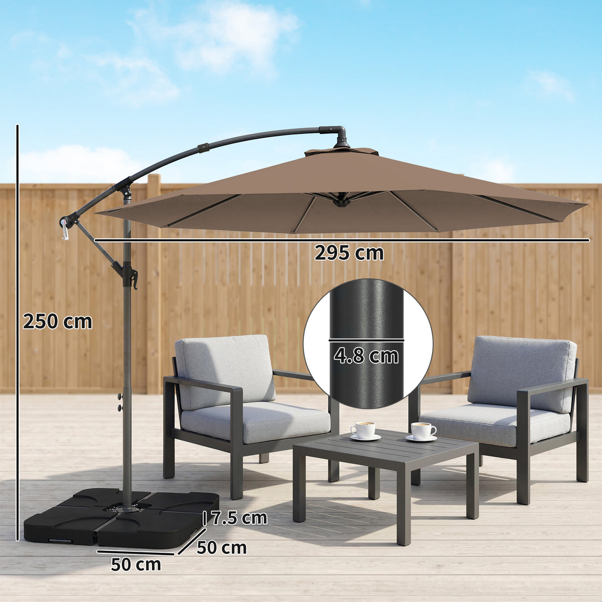 Outsunny 3m Overhanging Parasol, with Base, Weights and Cover - Coffee