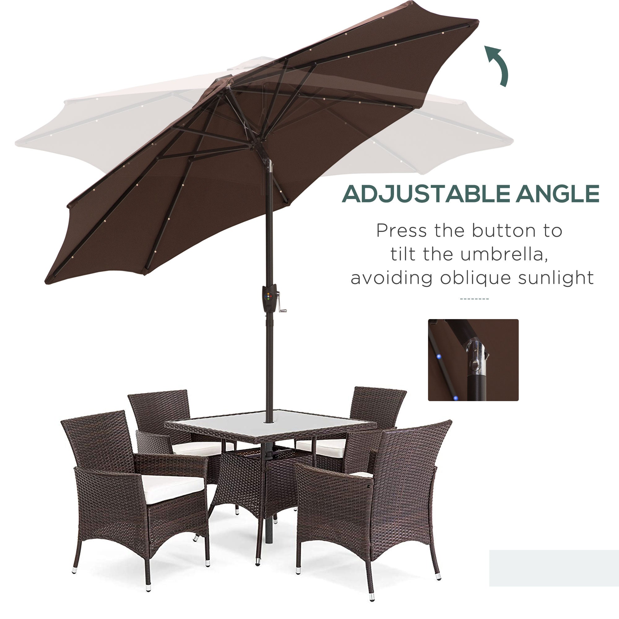 Outsunny Φ2.7m Garden 24 LED Light Parasol Solar Outdoor Tilt Sun Umbrella Patio Club Party Event Manual Sun Shade w/ Hand Crank and 8 Ribs, Brown