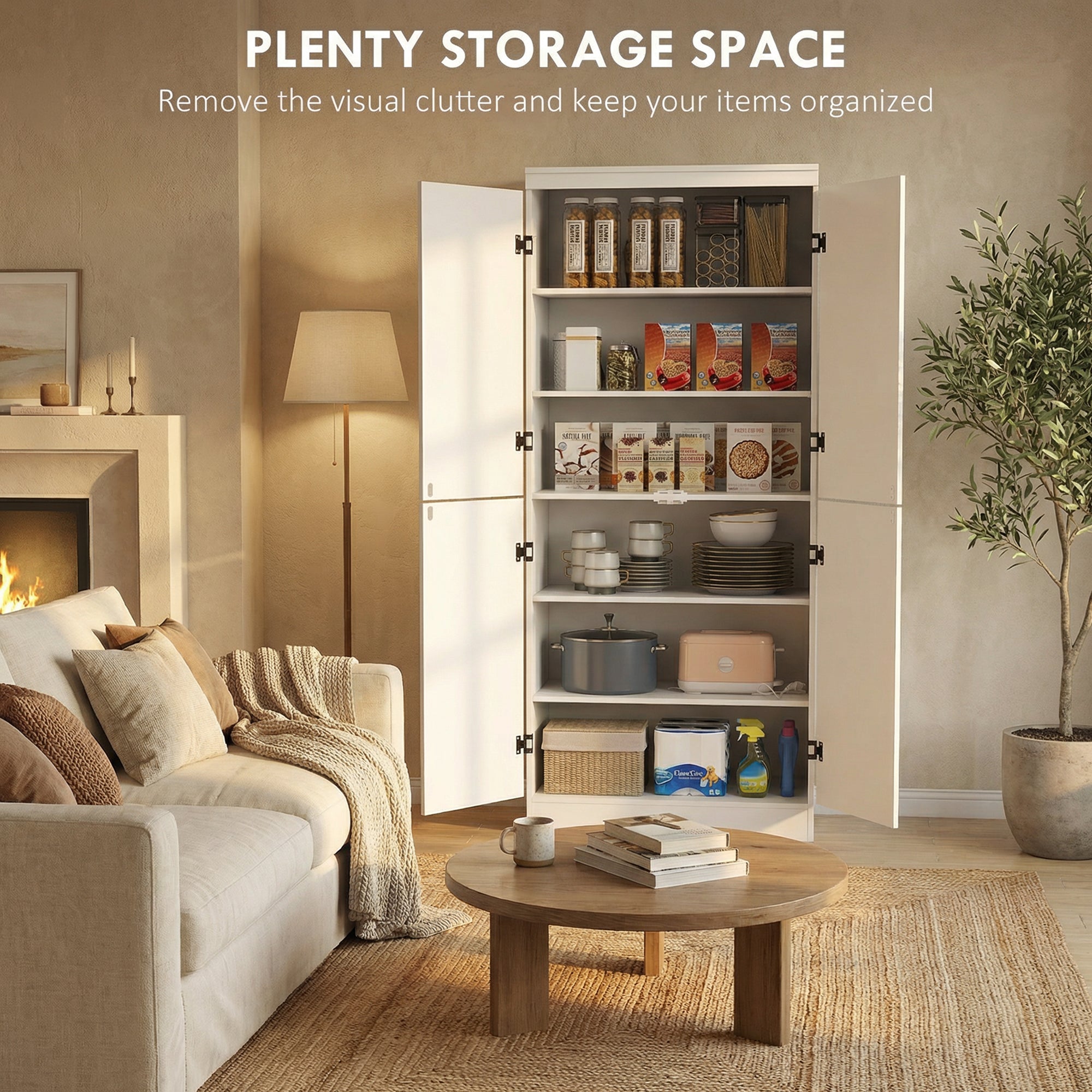 HOMCOM 4-Door Tall Kitchen Cupboard, Freestanding 6-Tier Storage Cabinet with 2 Adjustable Shelves for Living Room, Dining Room, White