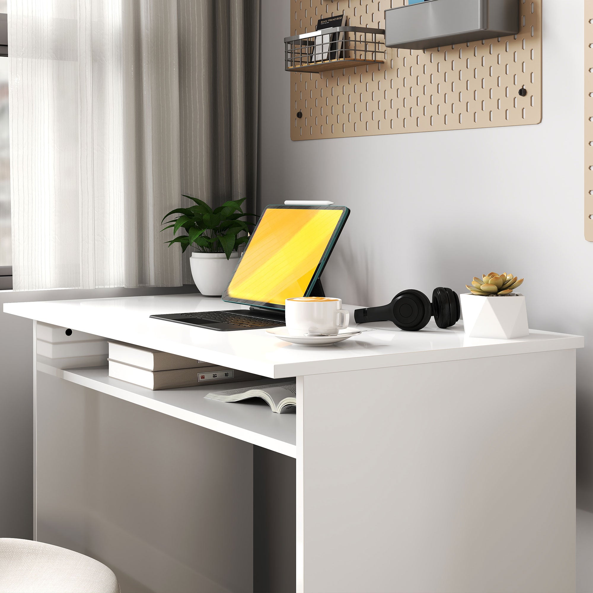 Vinsetto Home Office Chair and Computer Desk Set, Mesh Chair with Swivel Wheels, Study Desk with Storage Shelf, High Gloss White and Grey
