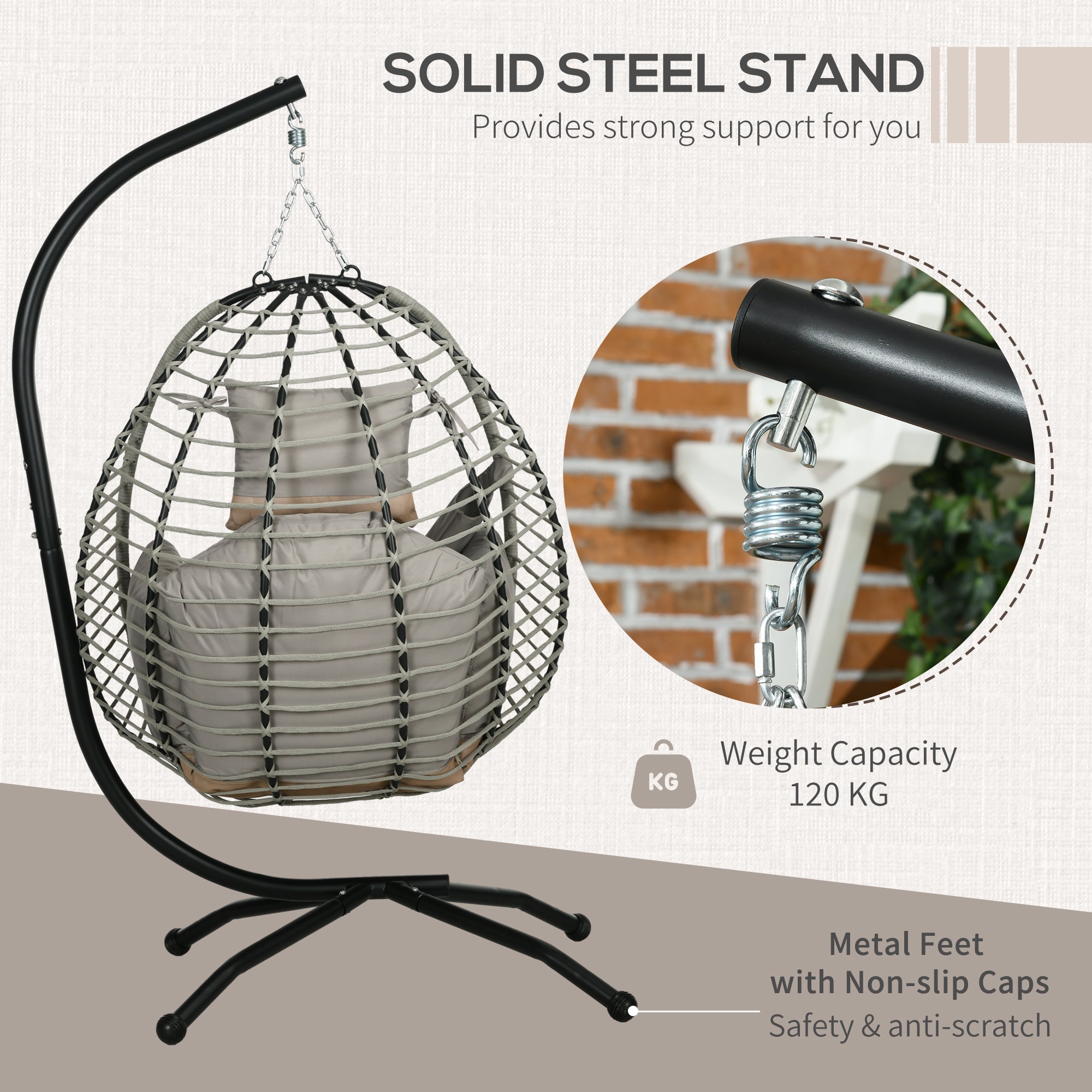 Outsunny Single Rattan Hanging Egg Chair, with Seat Cushion - Grey - North Peak Garden Furniture