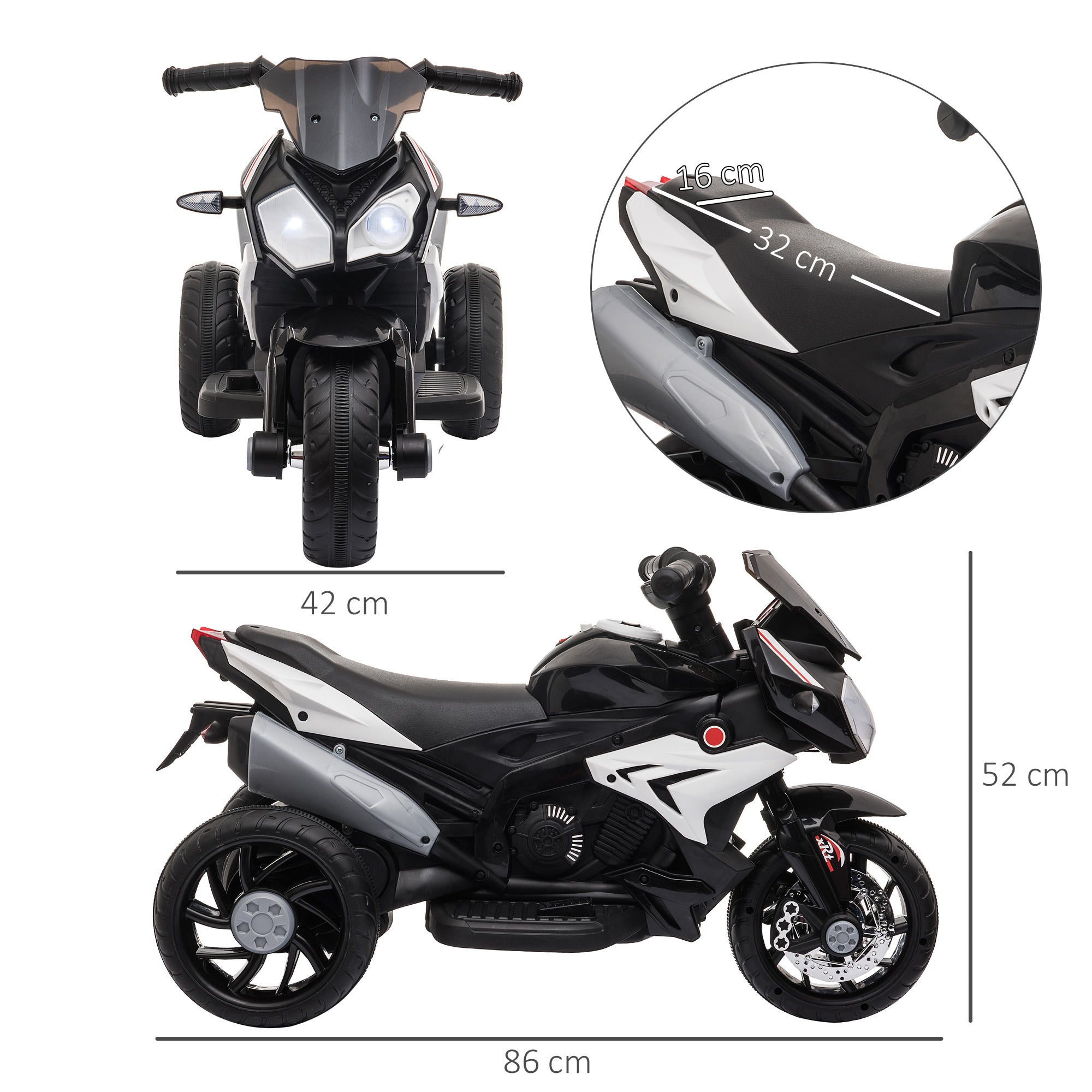 HOMCOM Kids 6V Electric Ride On Motorcycle Electric Motorbike w/ Lights Music Horn 3 Wheel Outdoor Play Toy for 3-5 Years Black - North Peak Garden Furniture