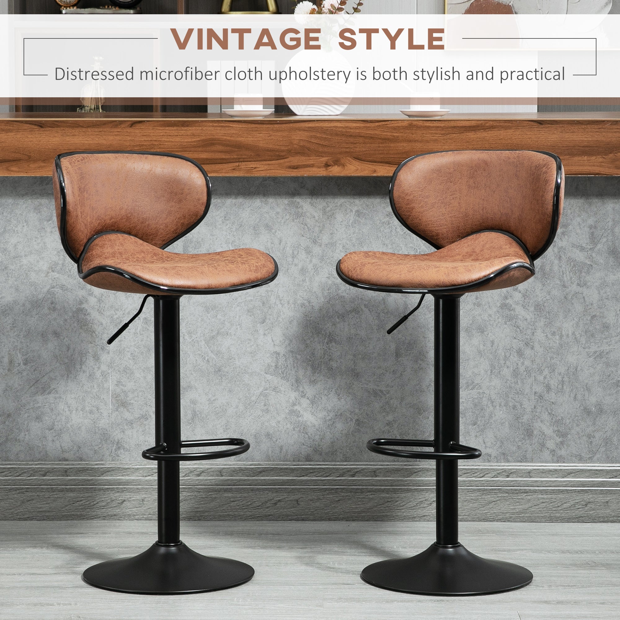 HOMCOM Bar Stool Set of 2 Microfiber Cloth Adjustable Height Armless Chairs with Swivel Seat, Brown - North Peak Garden Furniture