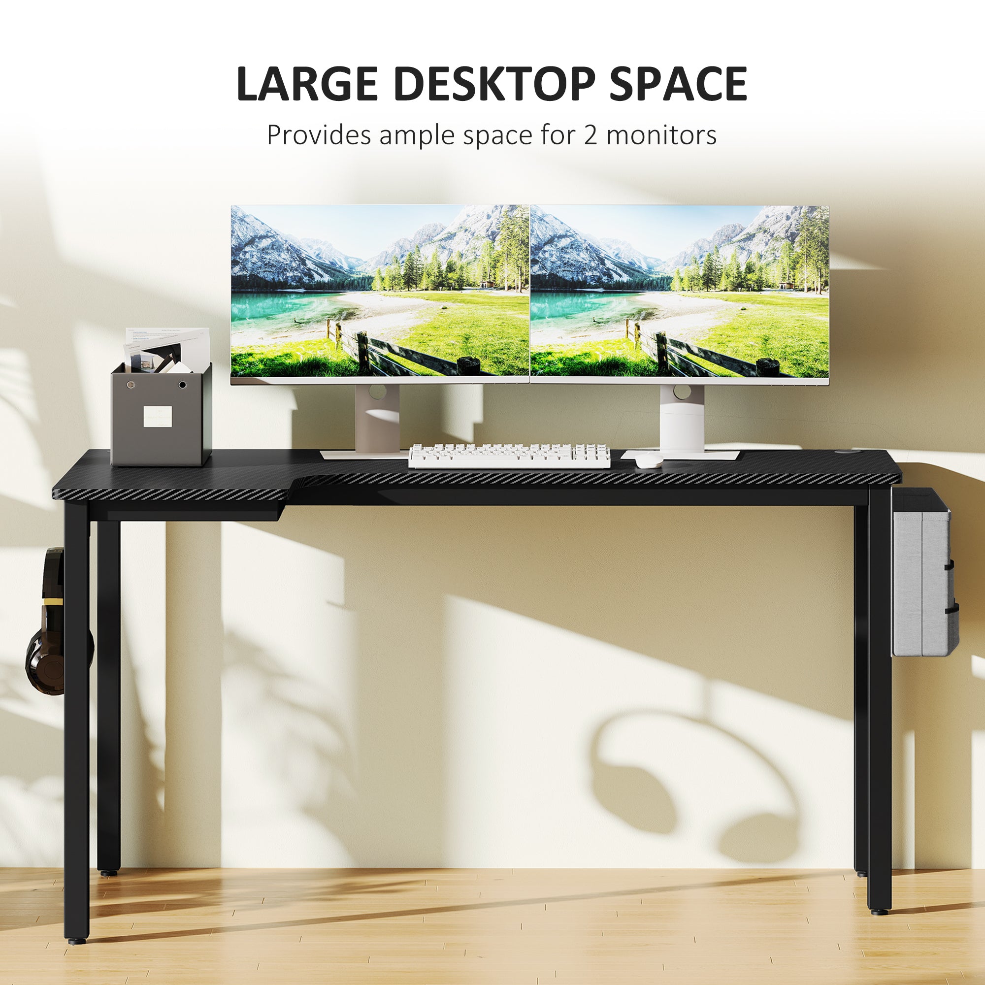 HOMCOM L-Shaped Computer Gaming Desk with Fabric Bag, Hooks and Cable Management, 145 x 81 x 76cm - Black - North Peak Garden Furniture