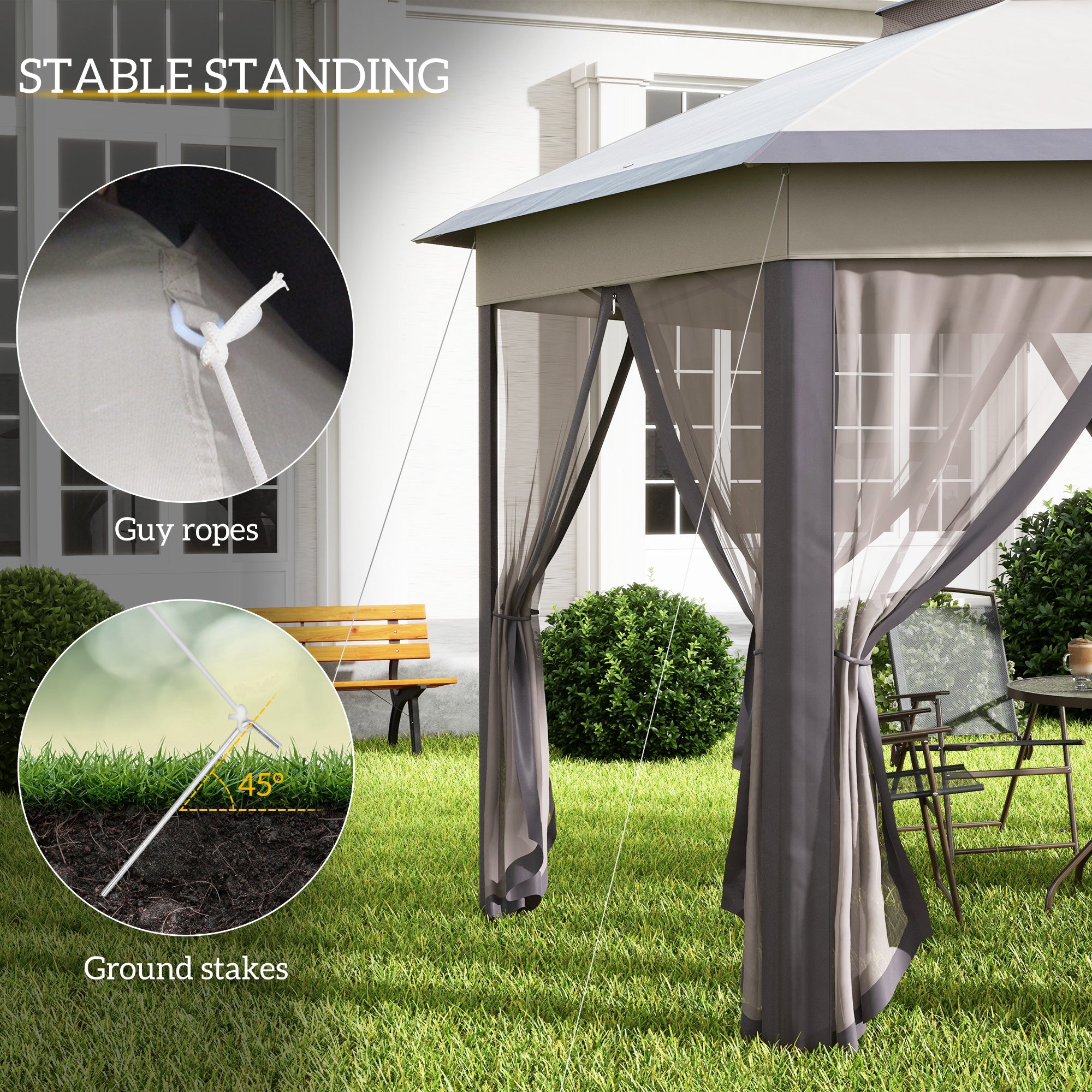 Outsunny Hexagon Garden Gazebo Pop Up Gazebo Outdoor Patio Double Roof Instant Shelter with Netting, 3 x 4m, Beige - North Peak Garden Furniture