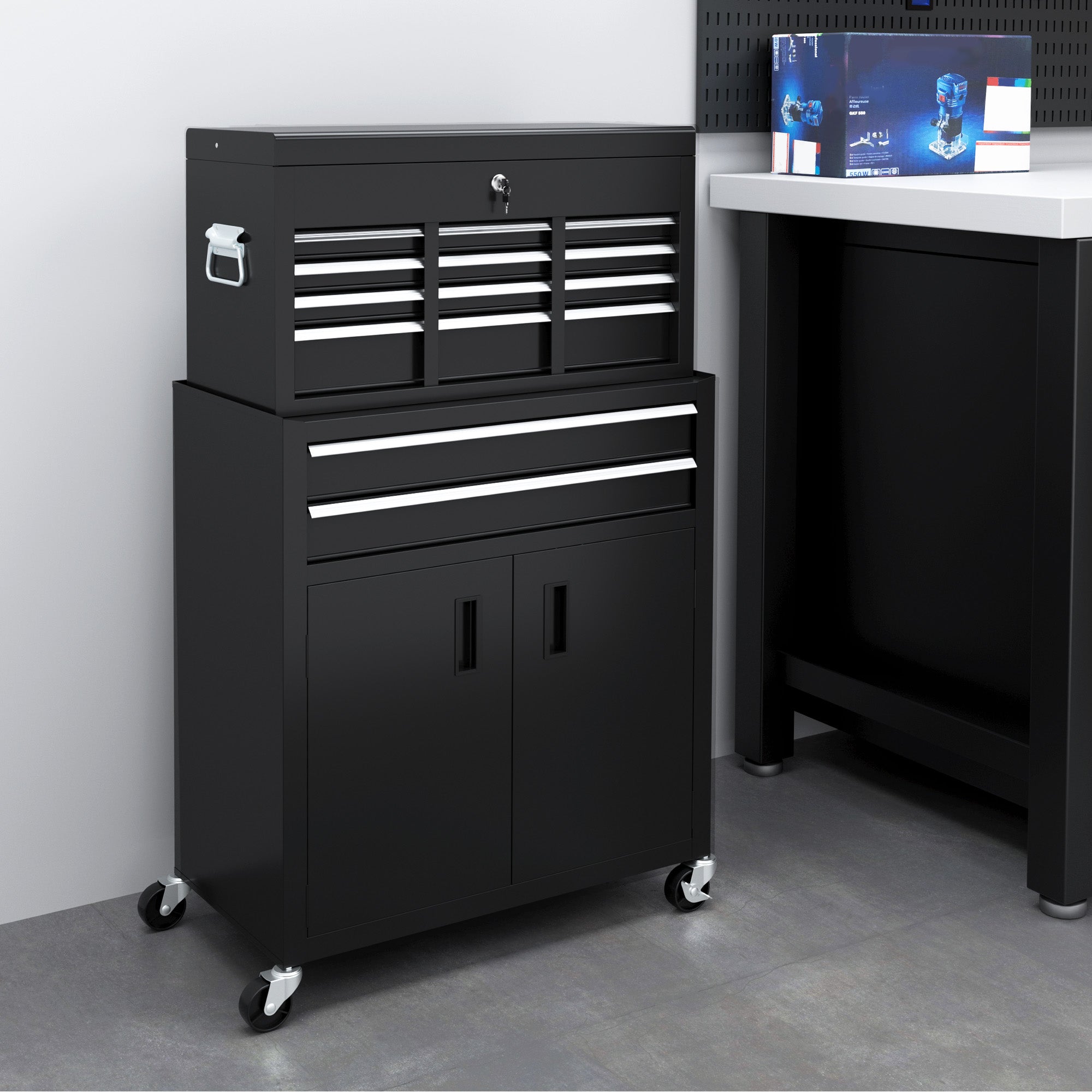 HOMCOM Portable Tool Box, Metal Tool Chest on Wheels with 6 Drawers for Garage and Workshop, Black - North Peak Garden Furniture