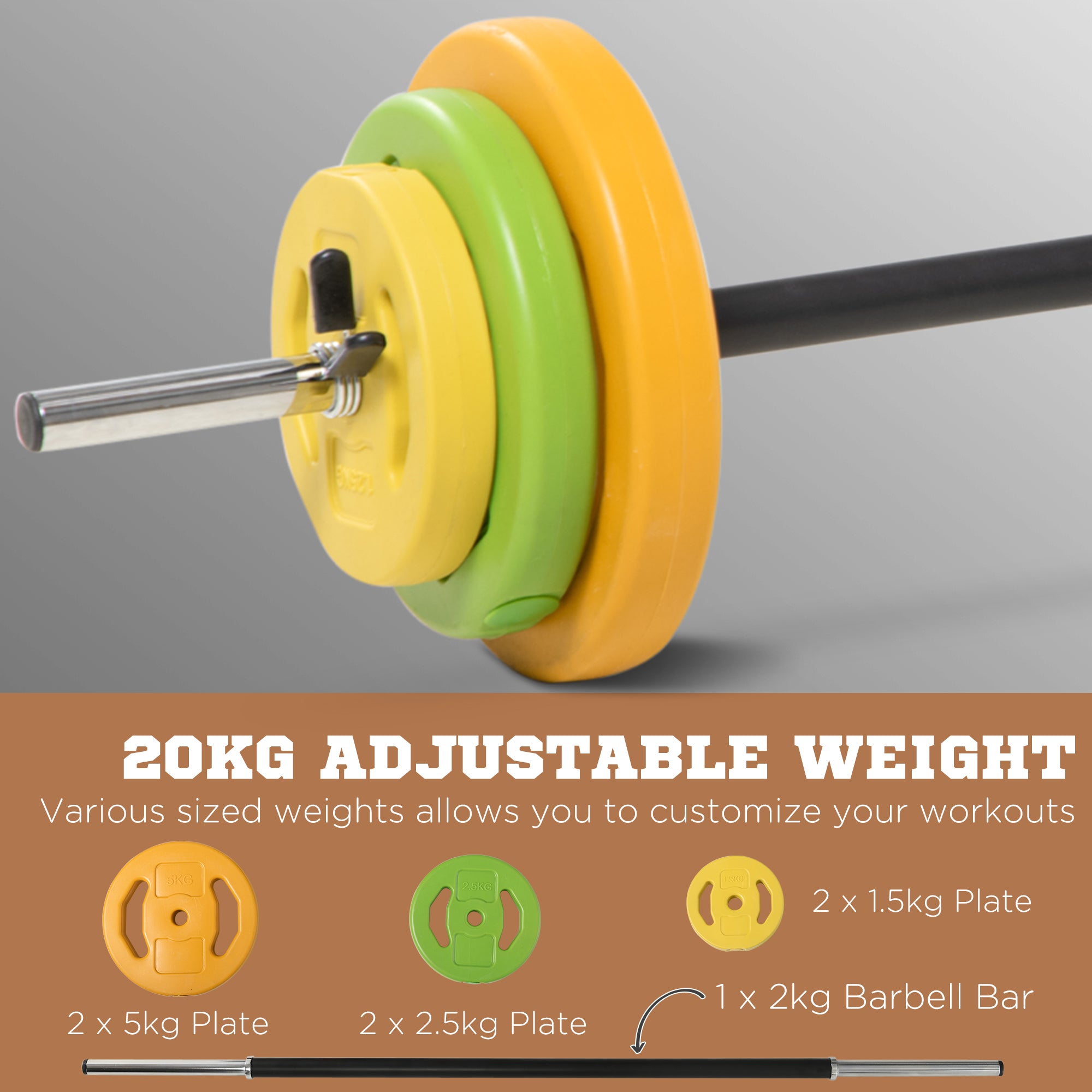 HOMCOM 20kg Barbell Weights Set, Adjustable Weights with Non-slip Handle, for Women and Men Home Gym Exercise Weight Strength Training - North Peak Garden Furniture